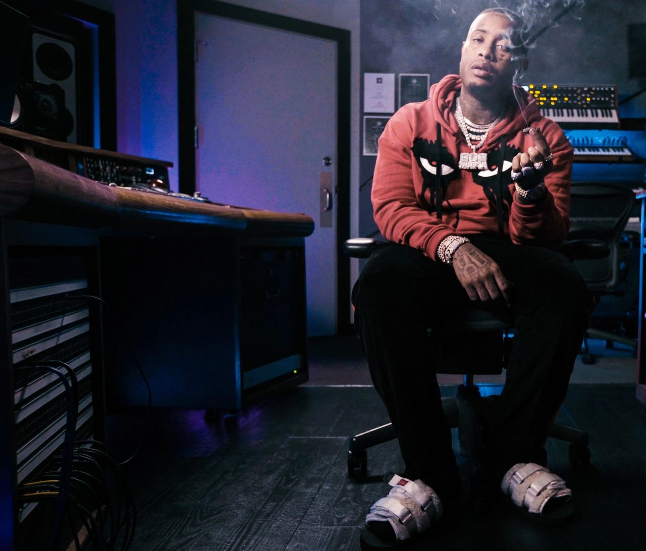 Southside in the studio with colorful synth and sampler hardware
