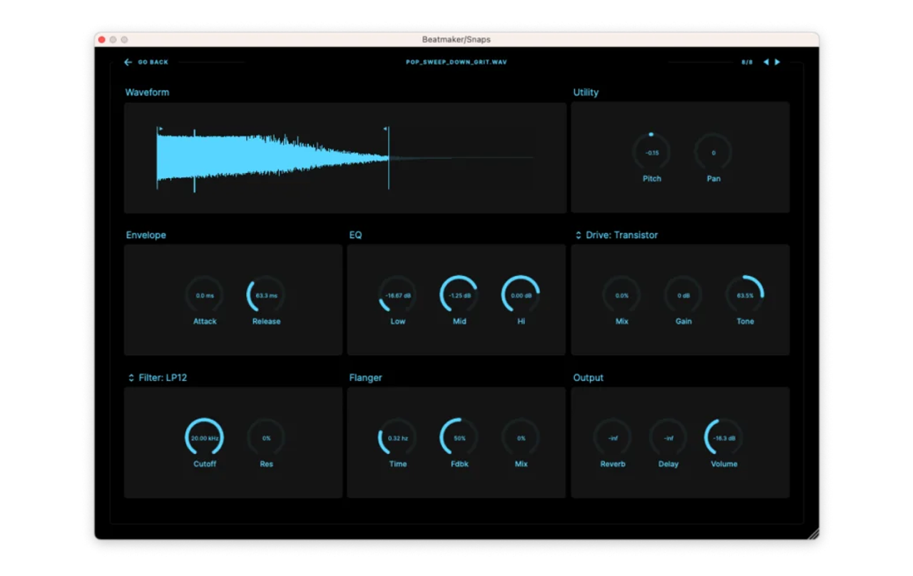Beatmaker per-lane FX parameter panel with EQ and envelope controls