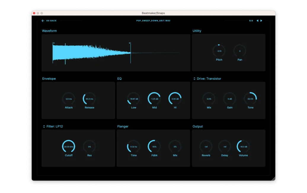 Beatmaker per-lane FX parameter panel with EQ and envelope controls