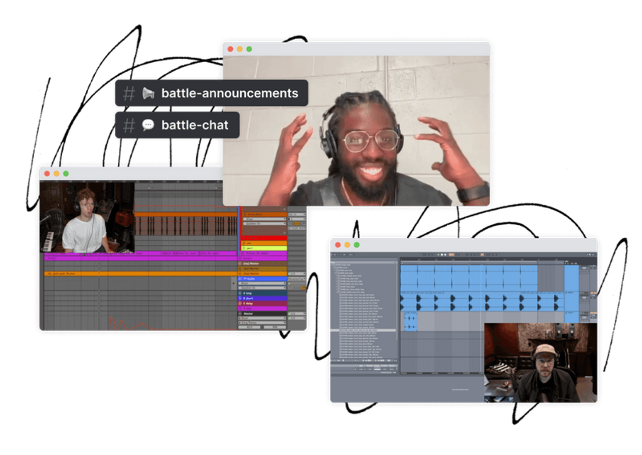 Music producers competing in a beat battle — energetic collaborative music creation