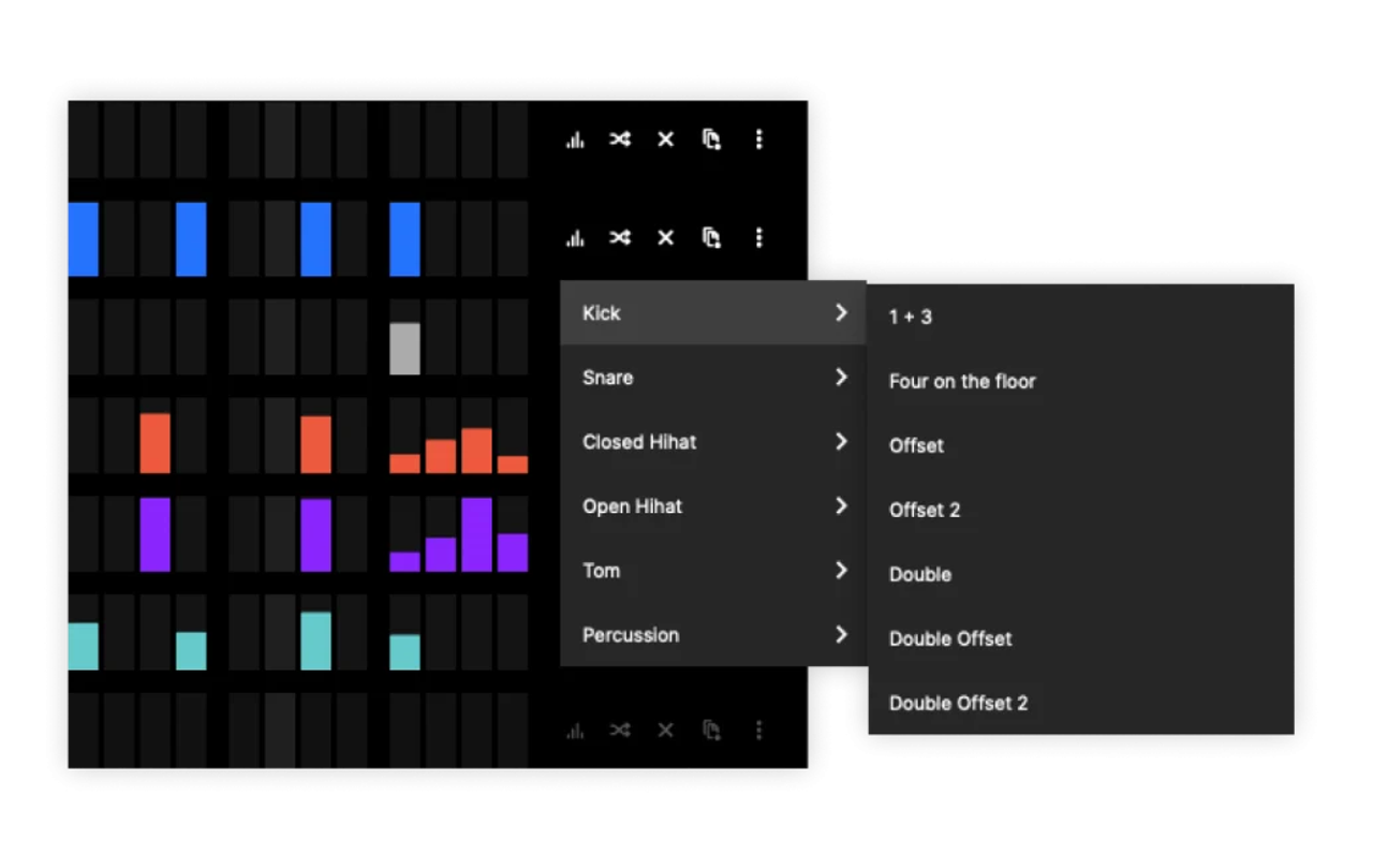 Beatmaker preset sequence patterns menu on a sequencer lane