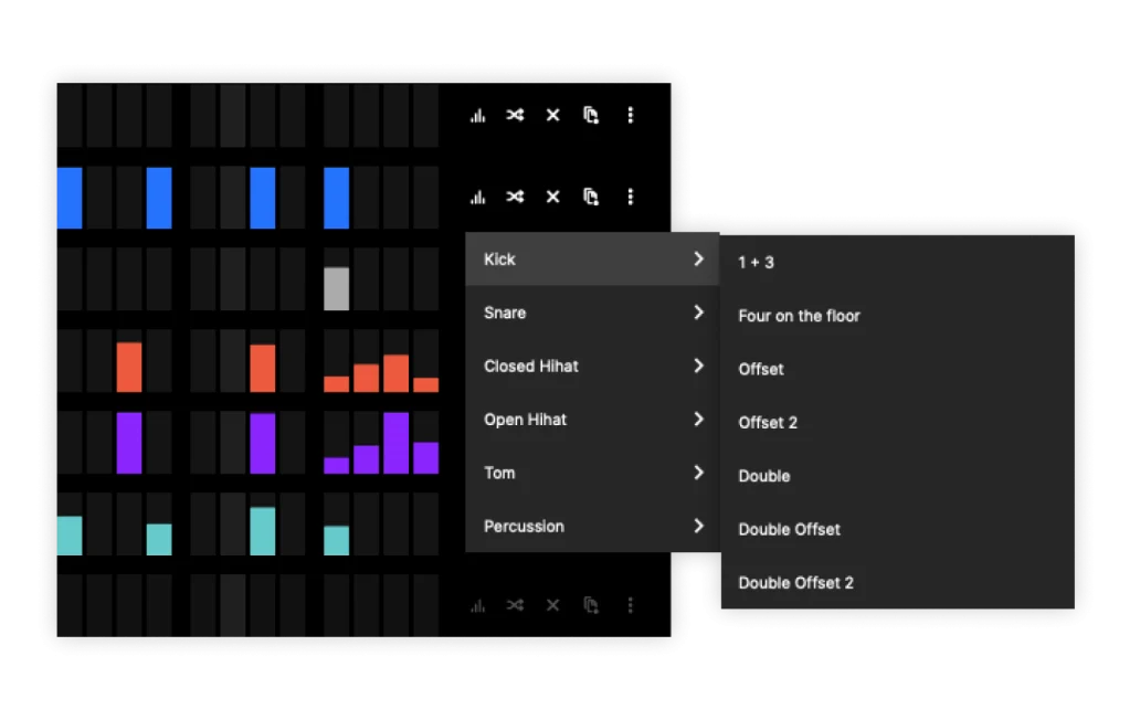 Beatmaker preset sequence patterns menu on a sequencer lane