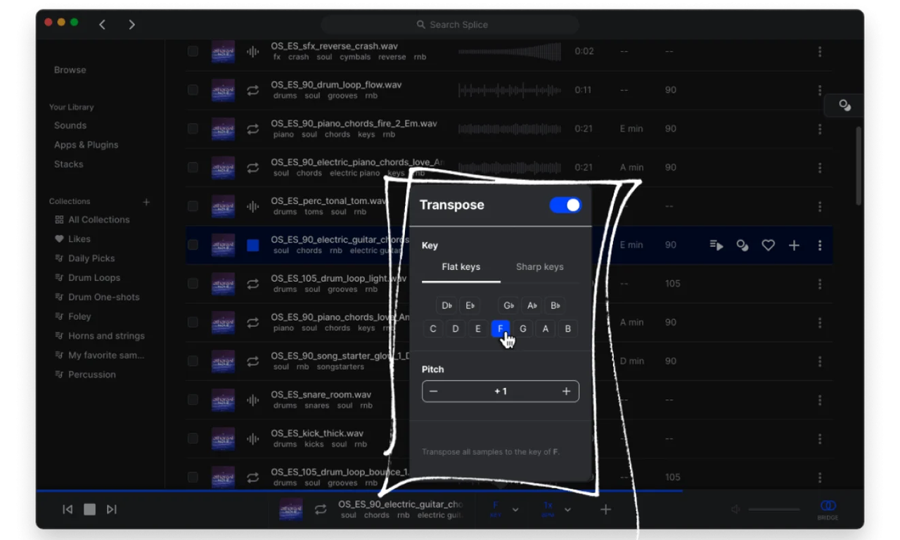 Square screenshot of Splice Bridge plugin syncing with a DAW — tempo and key preview in action