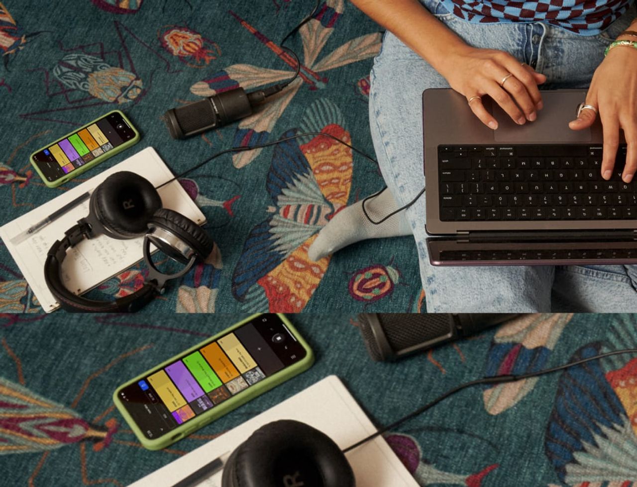 Splice Mobile syncing to Splice Desktop — phone and laptop side by side