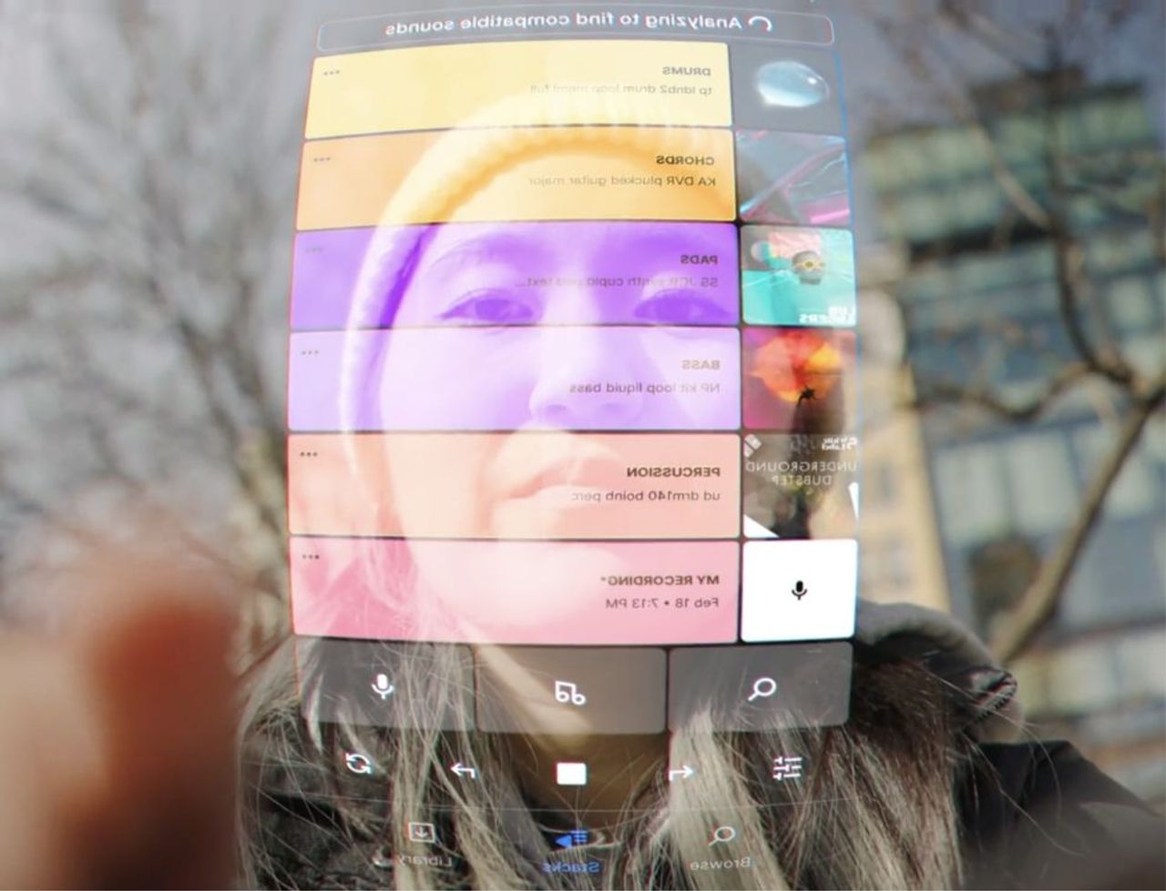 Square photo illustrating: Splice Mic genre flip UI — same loop transformed into multiple genre Stacks