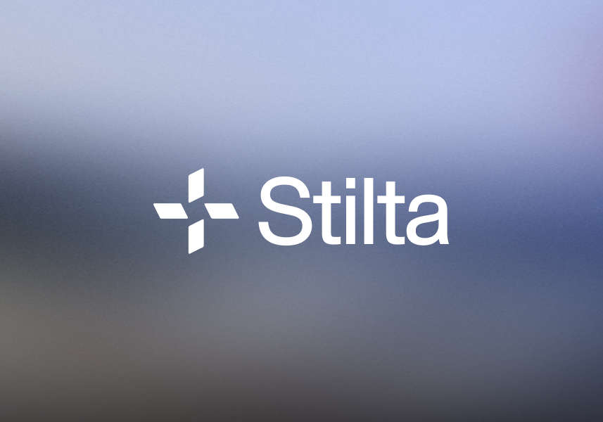 The new Stilta logo in white on a soft blue and grey gradient.