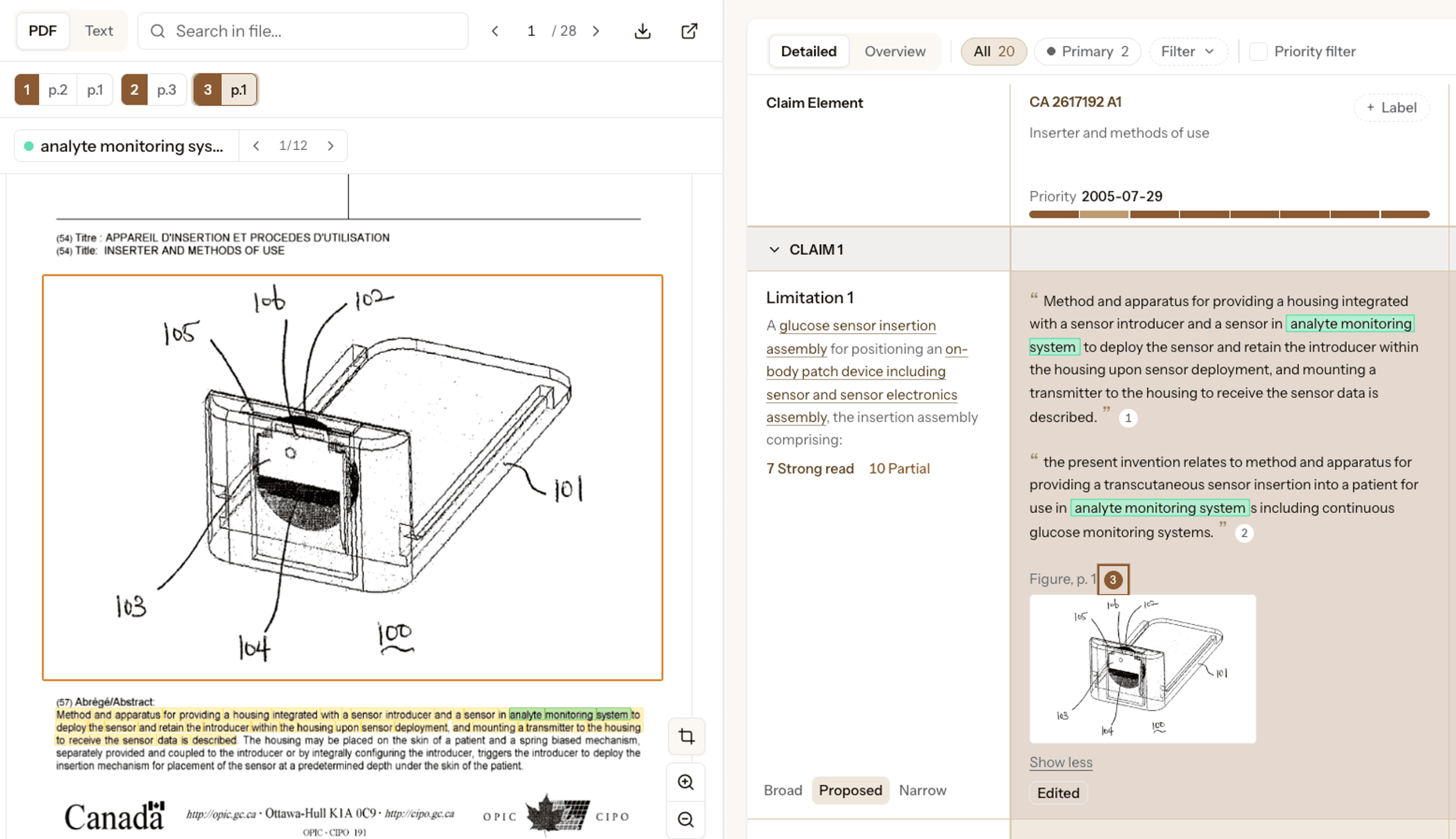 Stilta claim chart cell showing a highlighted patent drawing snippet alongside quoted claim-support passages from a Canadian patent document