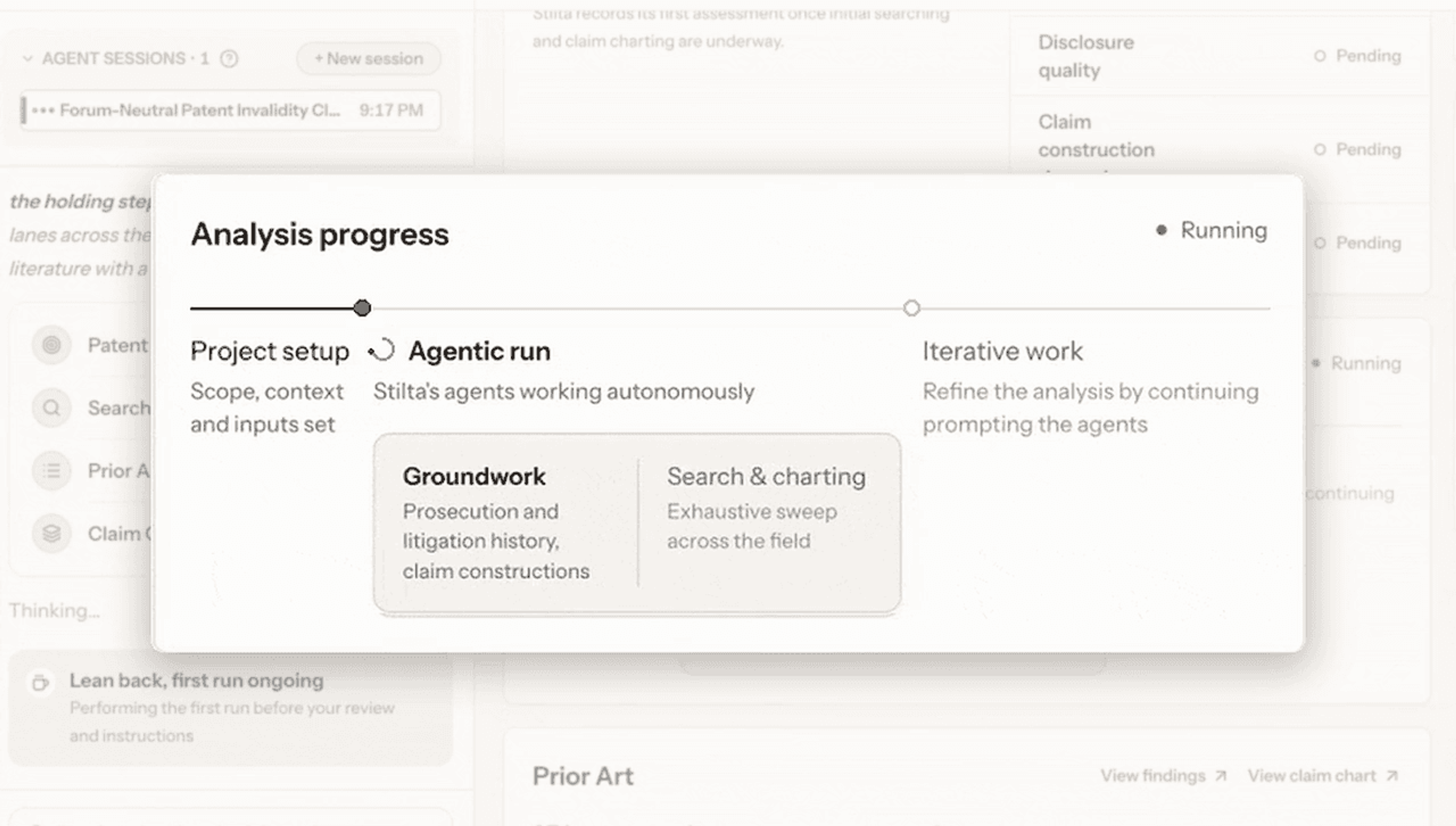 Still from video: Stilta analysis progress panel with project setup, agentic run and iterative work