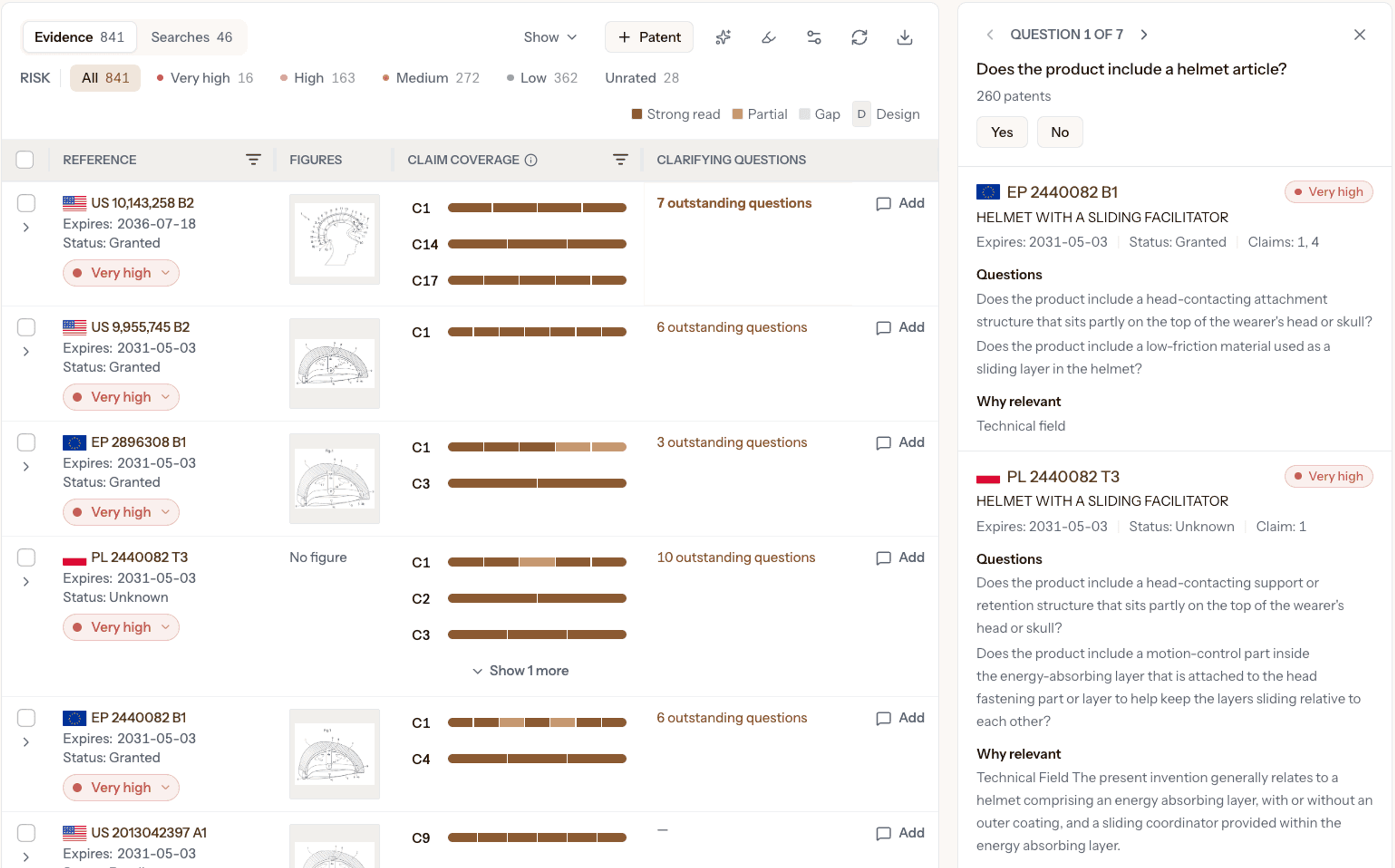 Stilta FTO evidence list with risk ratings and claim coverage bars beside a panel of yes/no invention questions