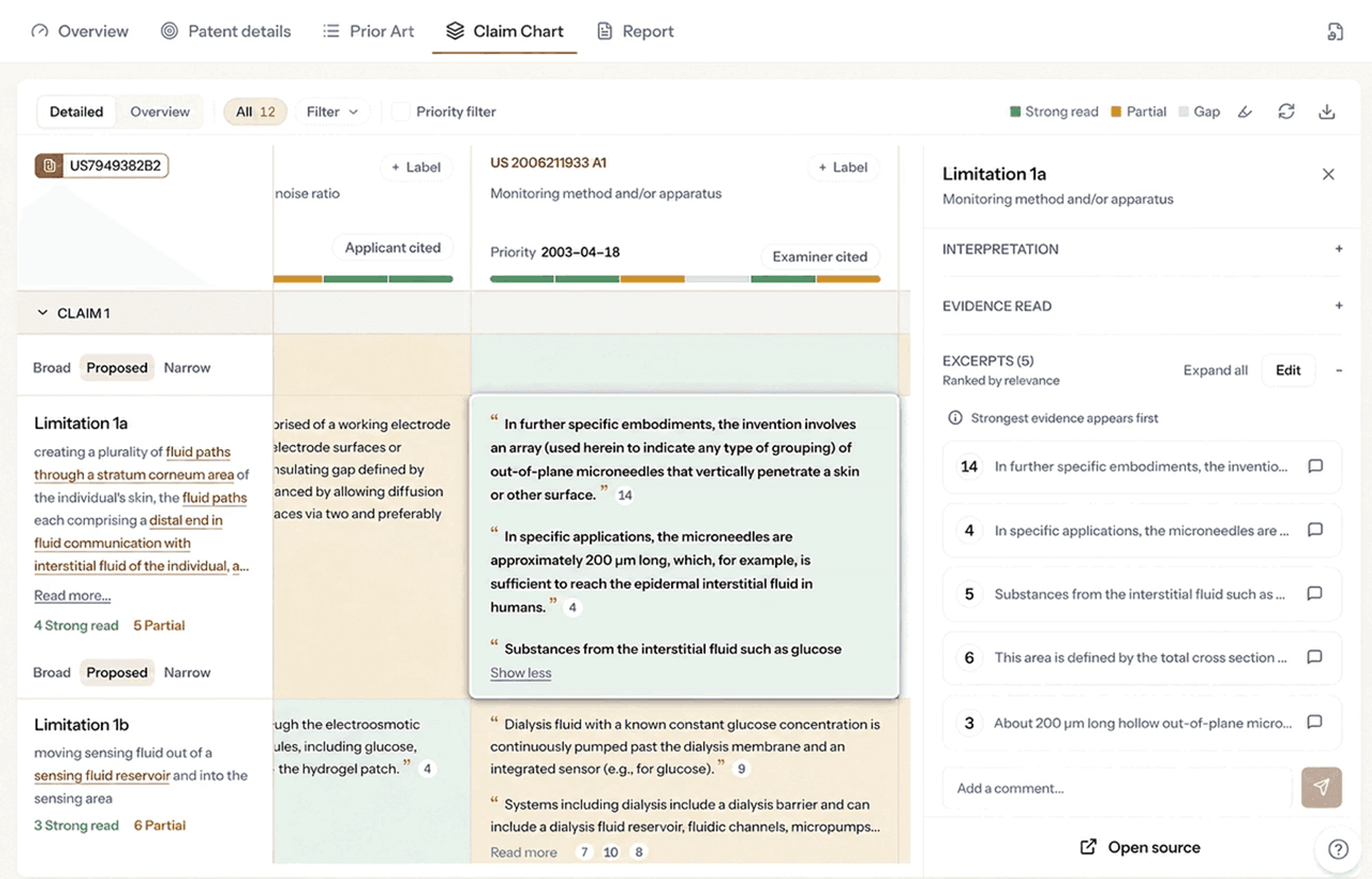 Still from video: Stilta claim chart with ranked evidence excerpts for a claim limitation