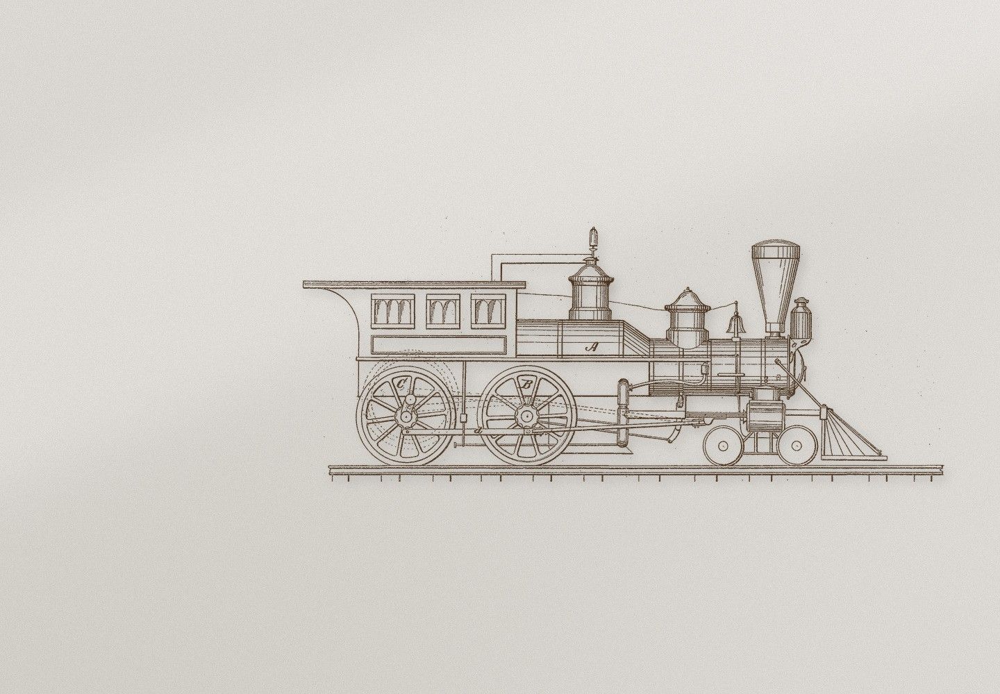 Engraving-style line drawing of a steam locomotive