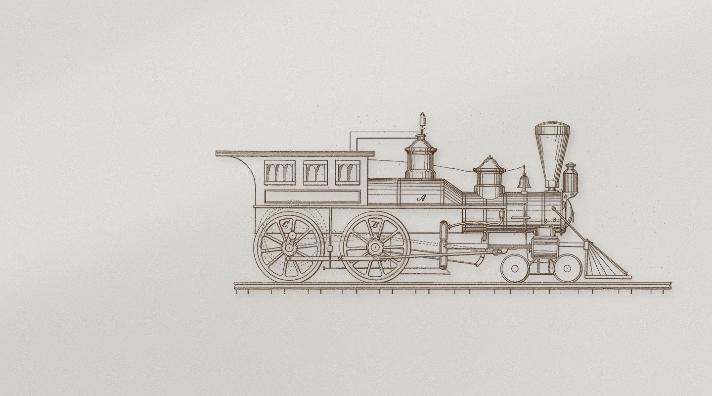 Engraving-style line drawing of a steam locomotive