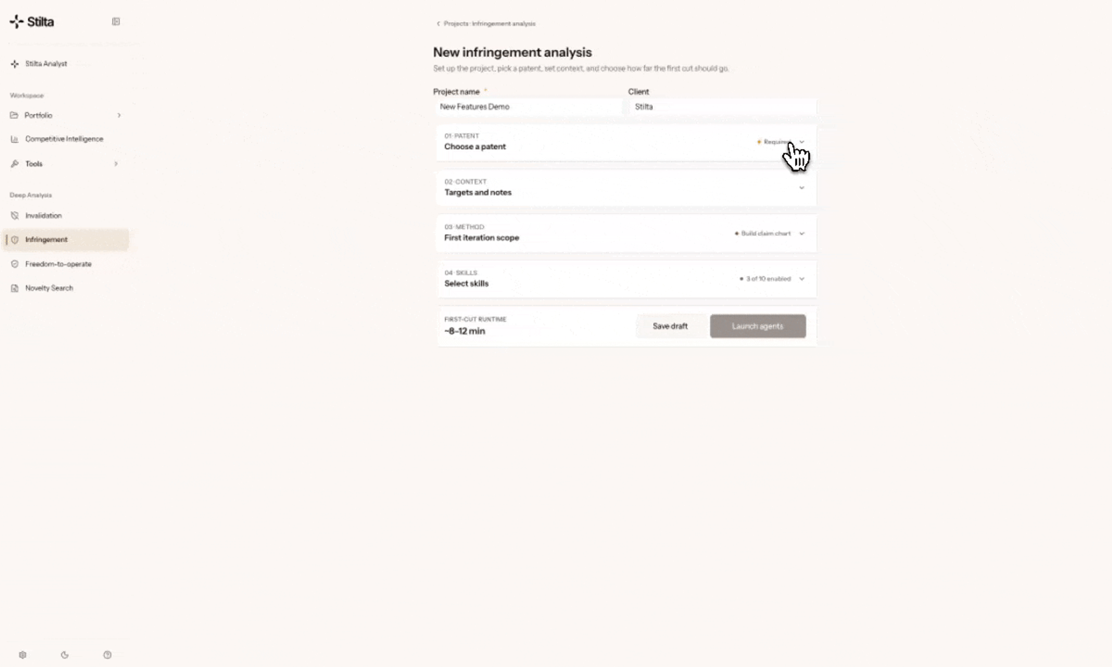Animation of guided setup for a new infringement analysis in Stilta