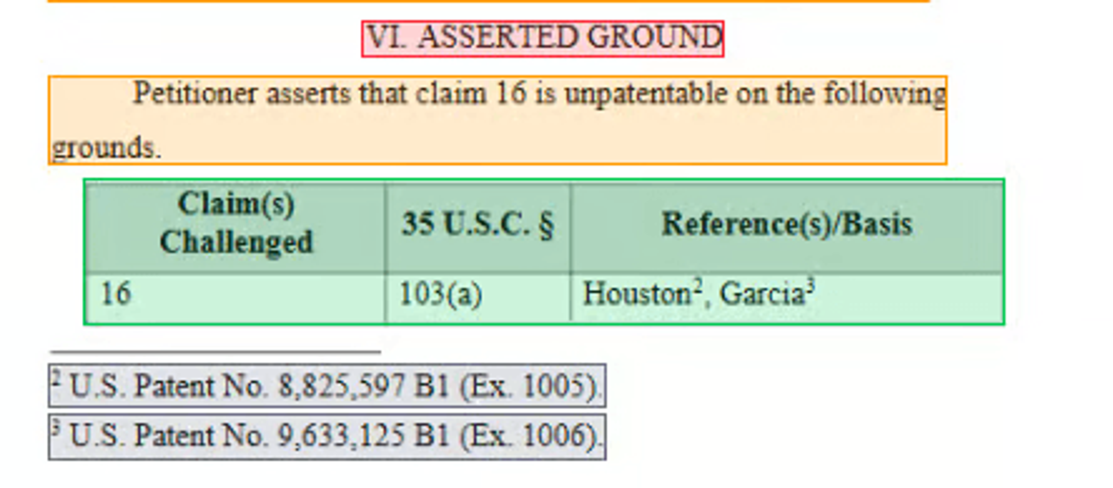 Annotated patent decision excerpt showing asserted grounds, challenged claim 16, and cited patent references.