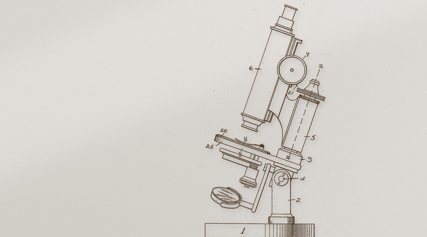 Engraving-style line drawing of a microscope