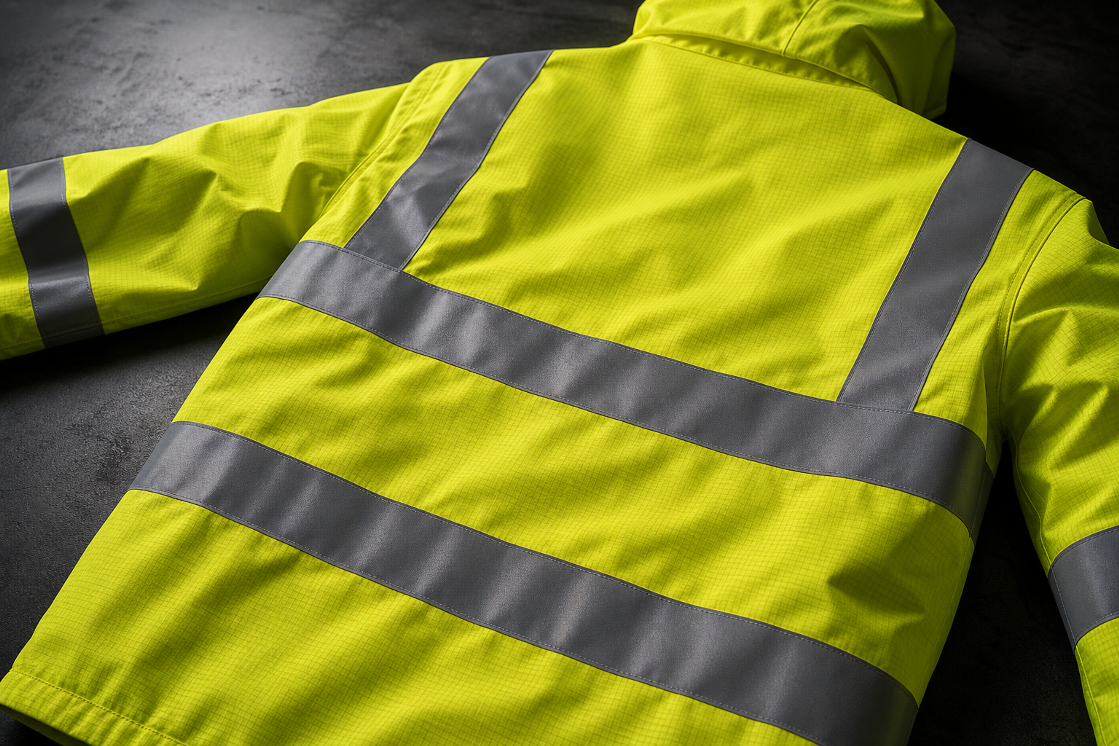 Fluorescent yellow hi-vis jacket laid flat on dark surface showing two retroreflective tape bands and shoulder pass-through — EN ISO 20471 compliant design