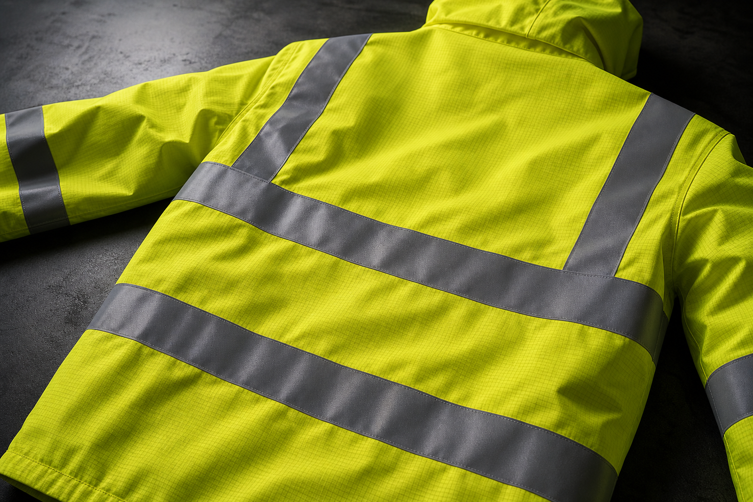 Fluorescent yellow hi-vis jacket laid flat on dark surface showing two retroreflective tape bands and shoulder pass-through — EN ISO 20471 compliant design