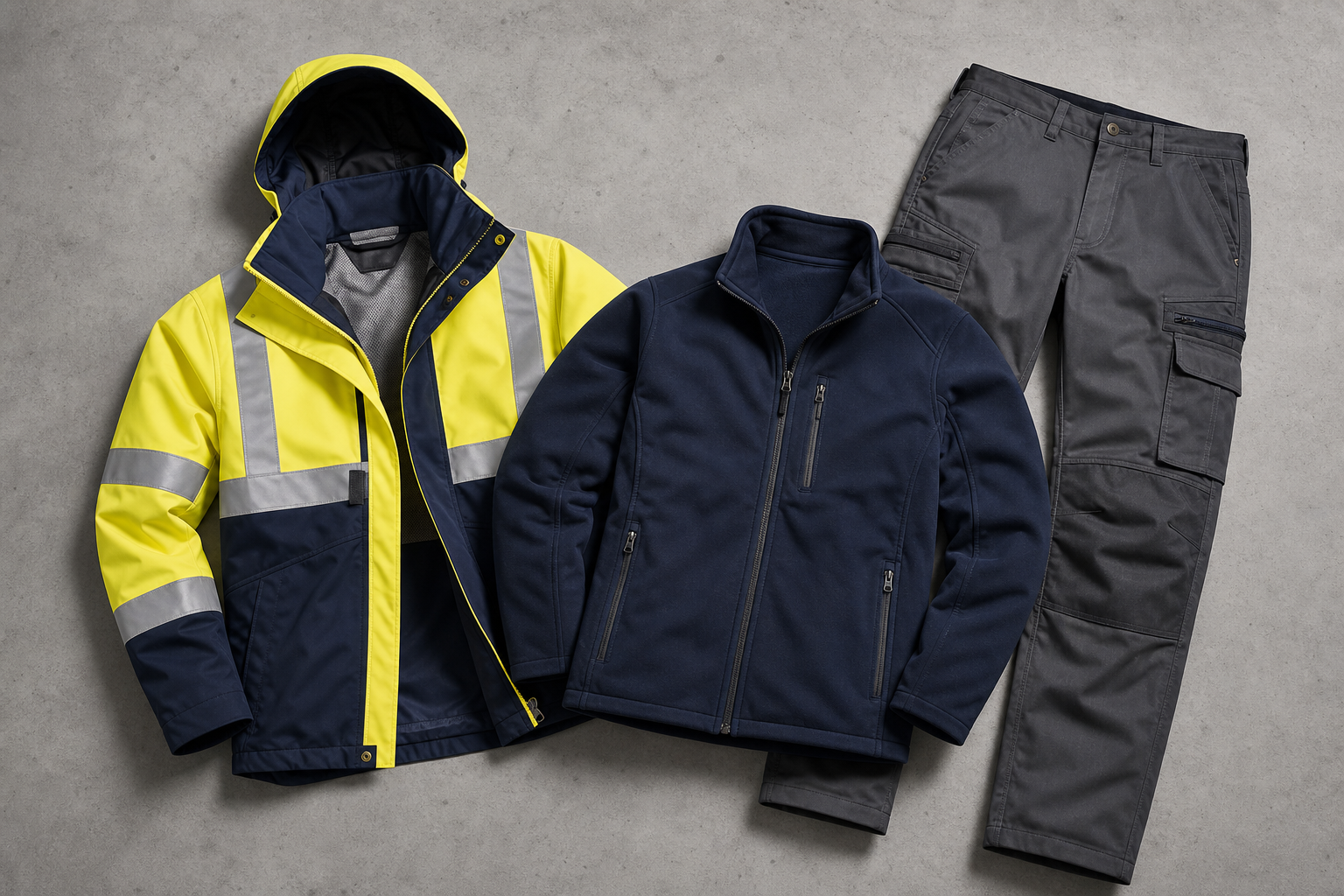 Coordinated private-label technical workwear collection laid flat