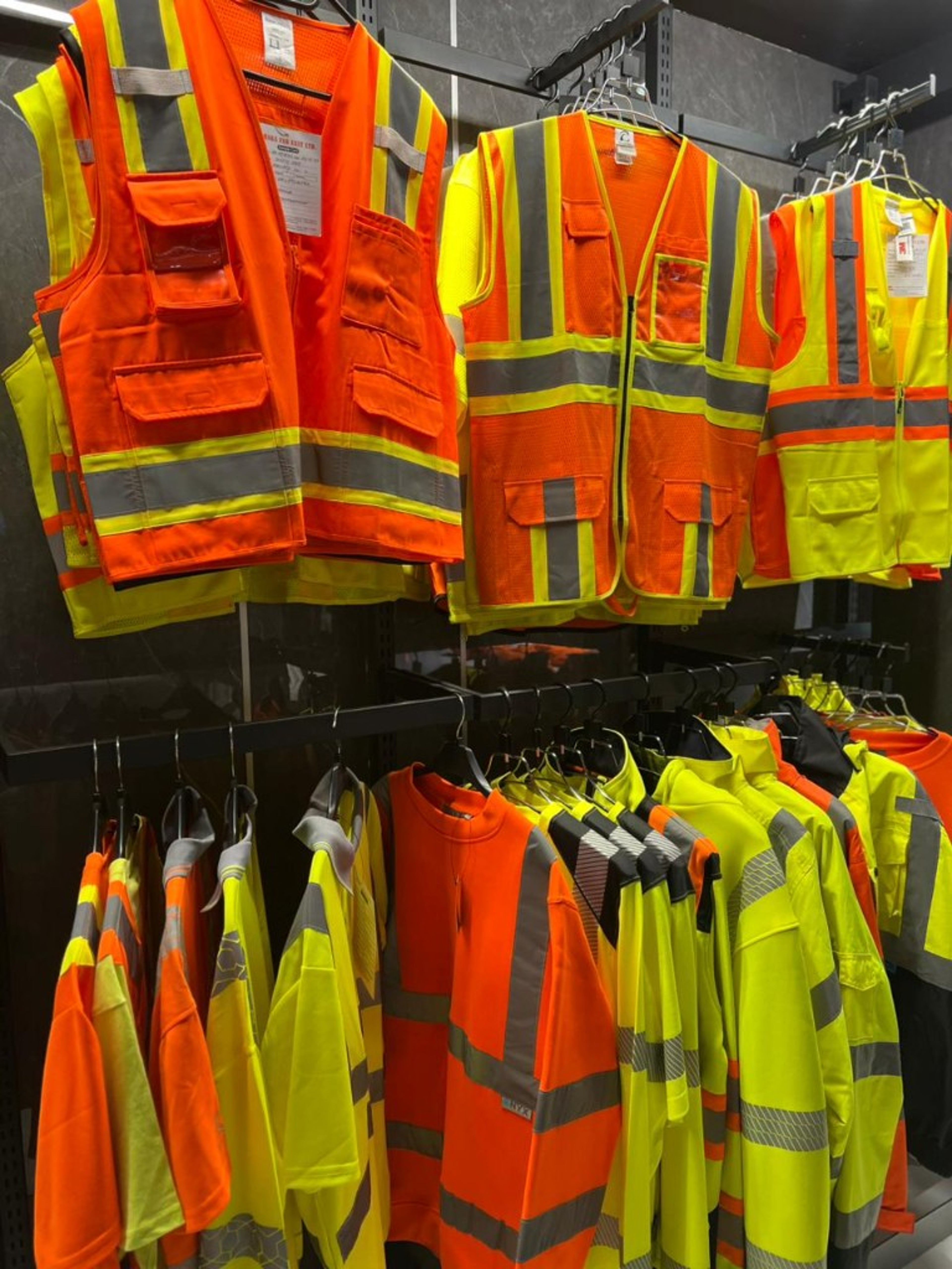 A range of hi-vis safety vests and executive vests prepared for export programmes