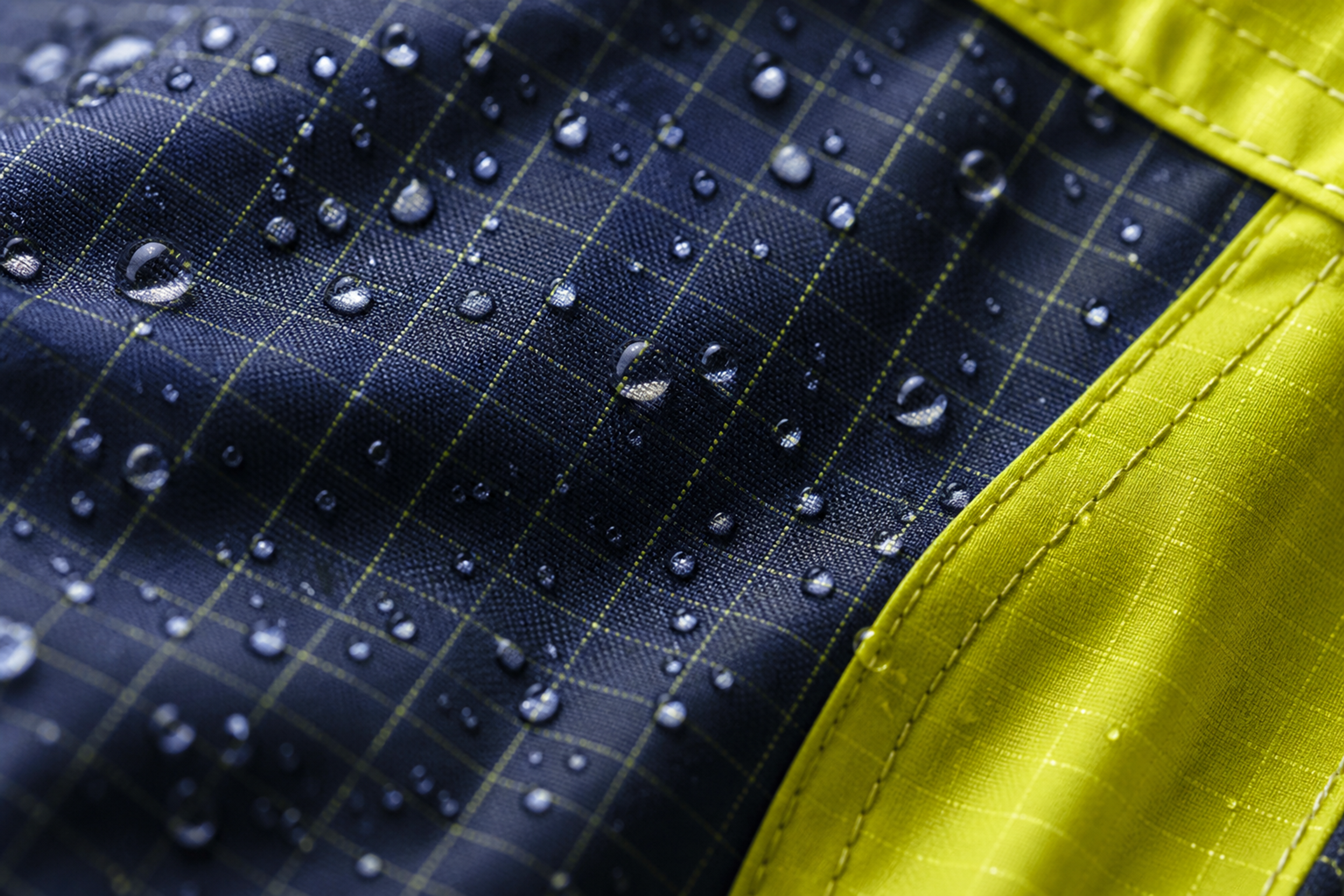 Macro closeup of durable waterproof ripstop nylon shell fabric for technical workwear jackets