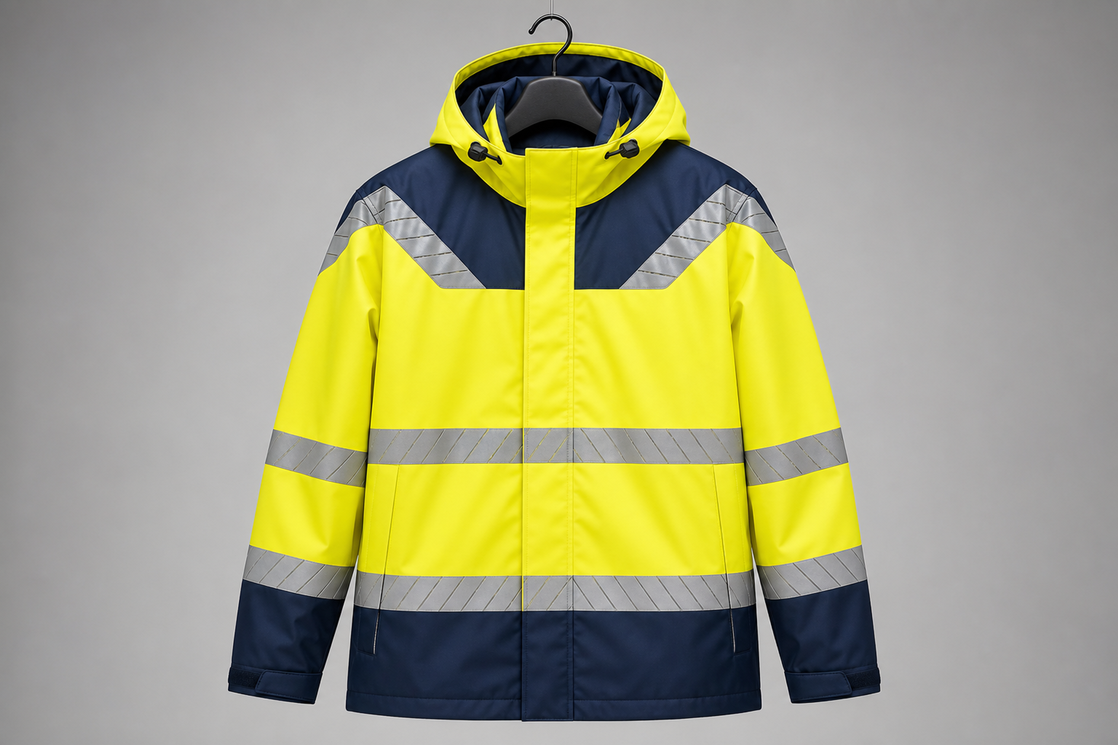 Two-tone high-visibility yellow and navy blue hooded waterproof workwear rain jacket showing shoulder and hood panels