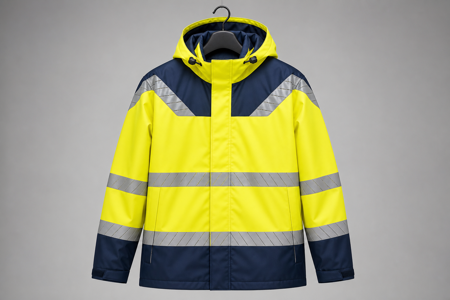 Two-tone high-visibility yellow and navy blue hooded waterproof workwear rain jacket showing shoulder and hood panels