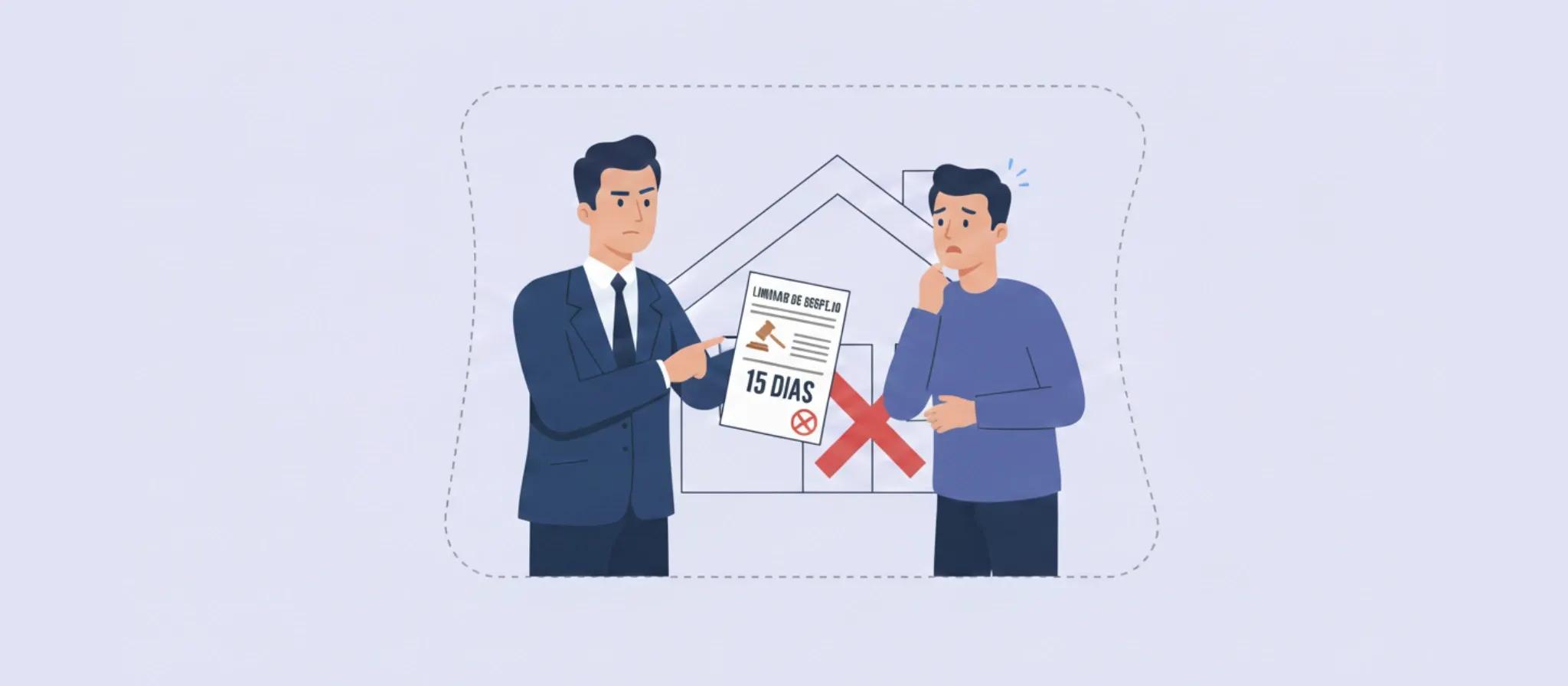 ilustração de personagem entregando um despejo liminar para outro em frente a um imóvel alugado
