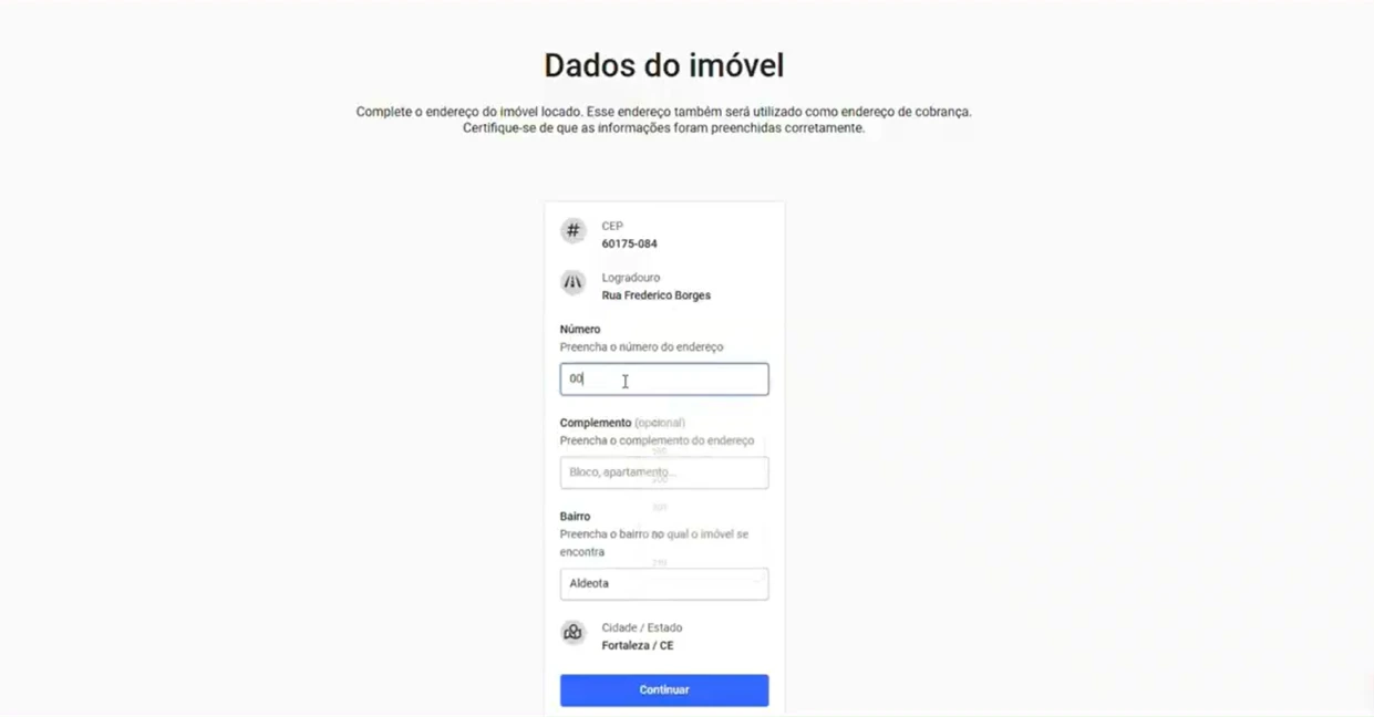 captura de tela do 3º passo para cadastrar uma locação na automação para imobiliárias Alude. Adicione o endereço e demais dados do imóvel