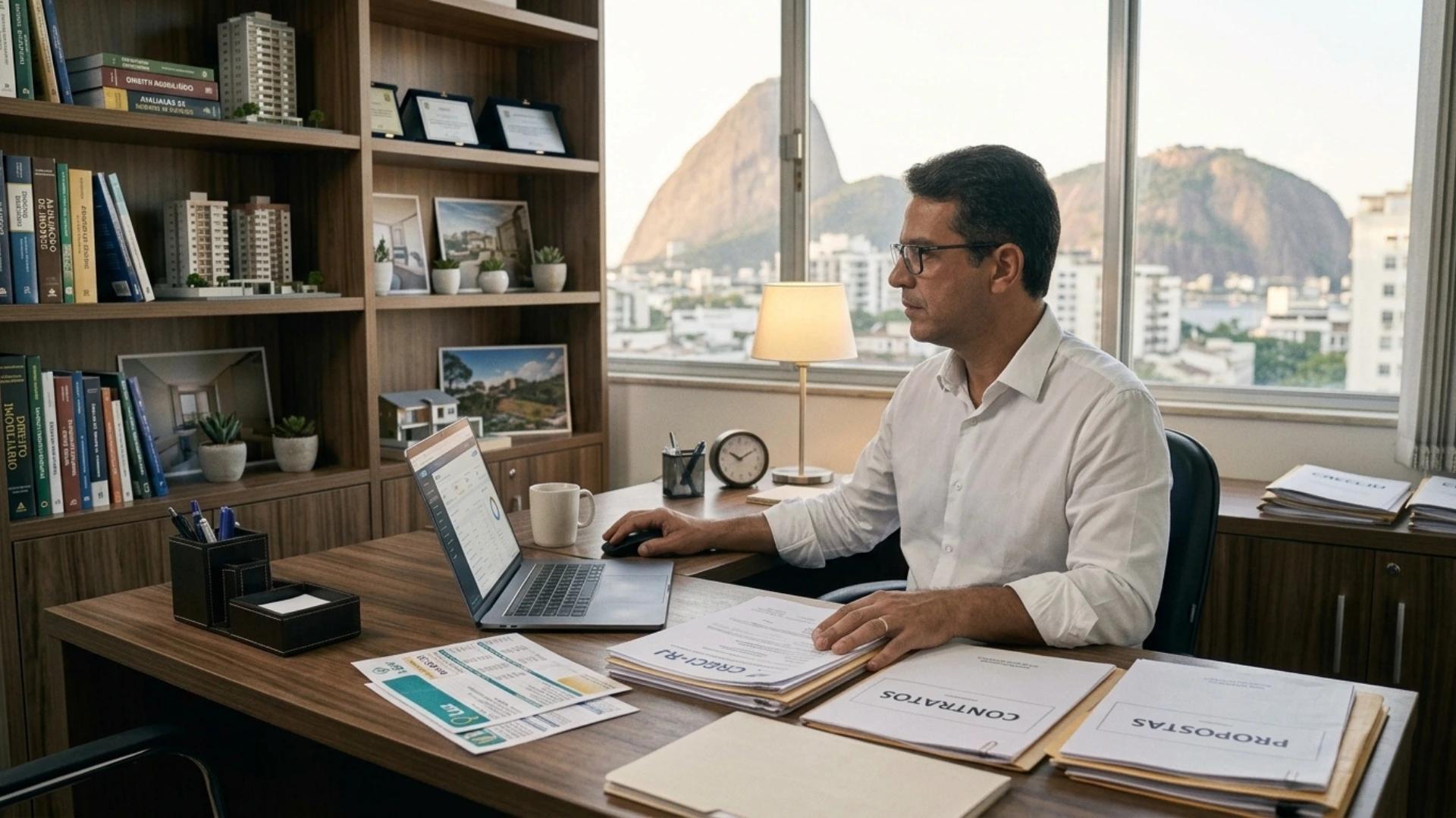 Corretor trabalhando em seu escritório para intermediar inquilino que não transfere conta de luz e proprietário
