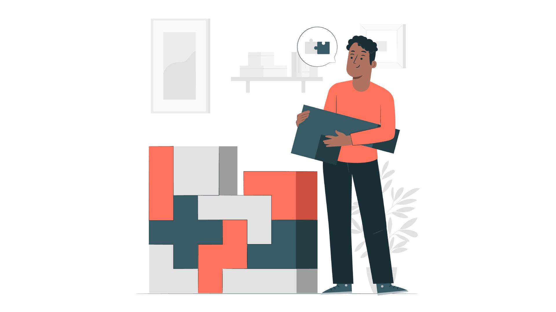 ilustração de personagem montando blocos gigantes encaixando as peças da daministração de imóveis