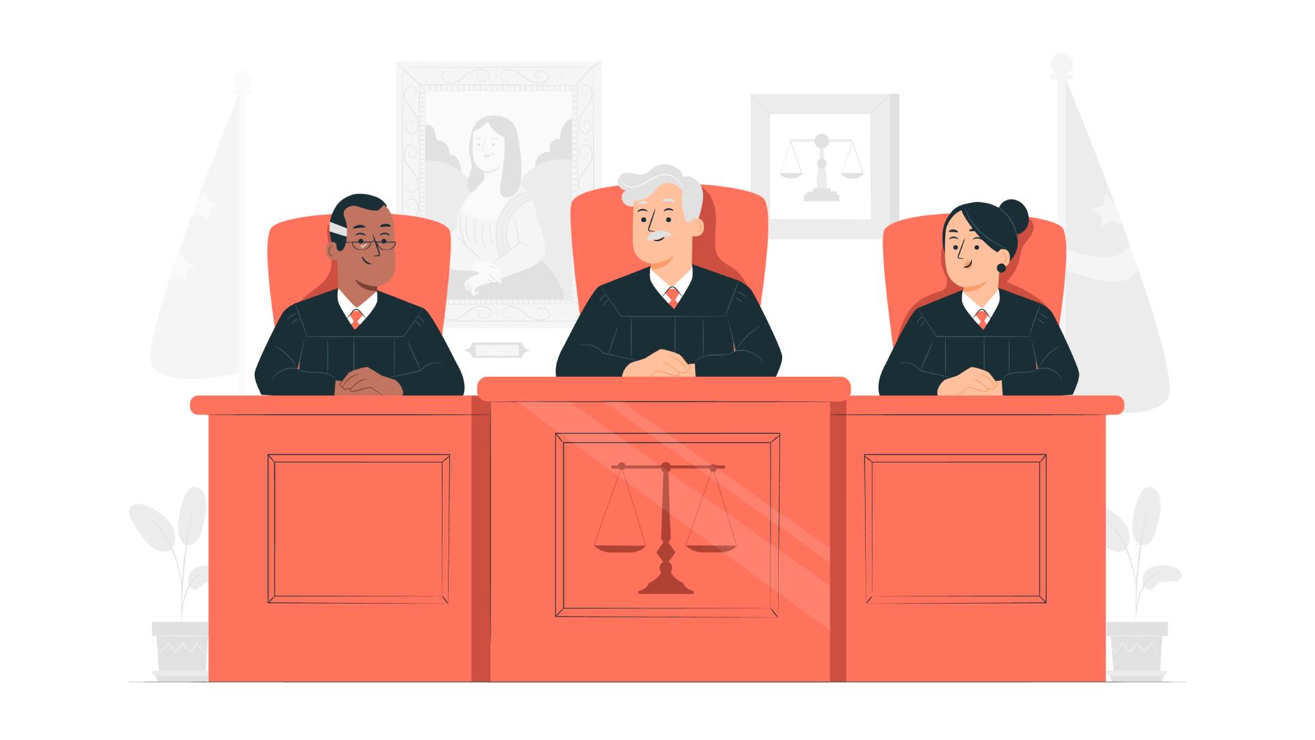 ilustração de juizes julgando um caso de administração de imóveis
