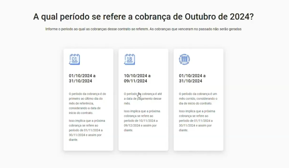 captura de tela do 7º passo para cadastrar uma locação na automação para imobiliárias da Alude. Selecionar o período referente à cobrança
