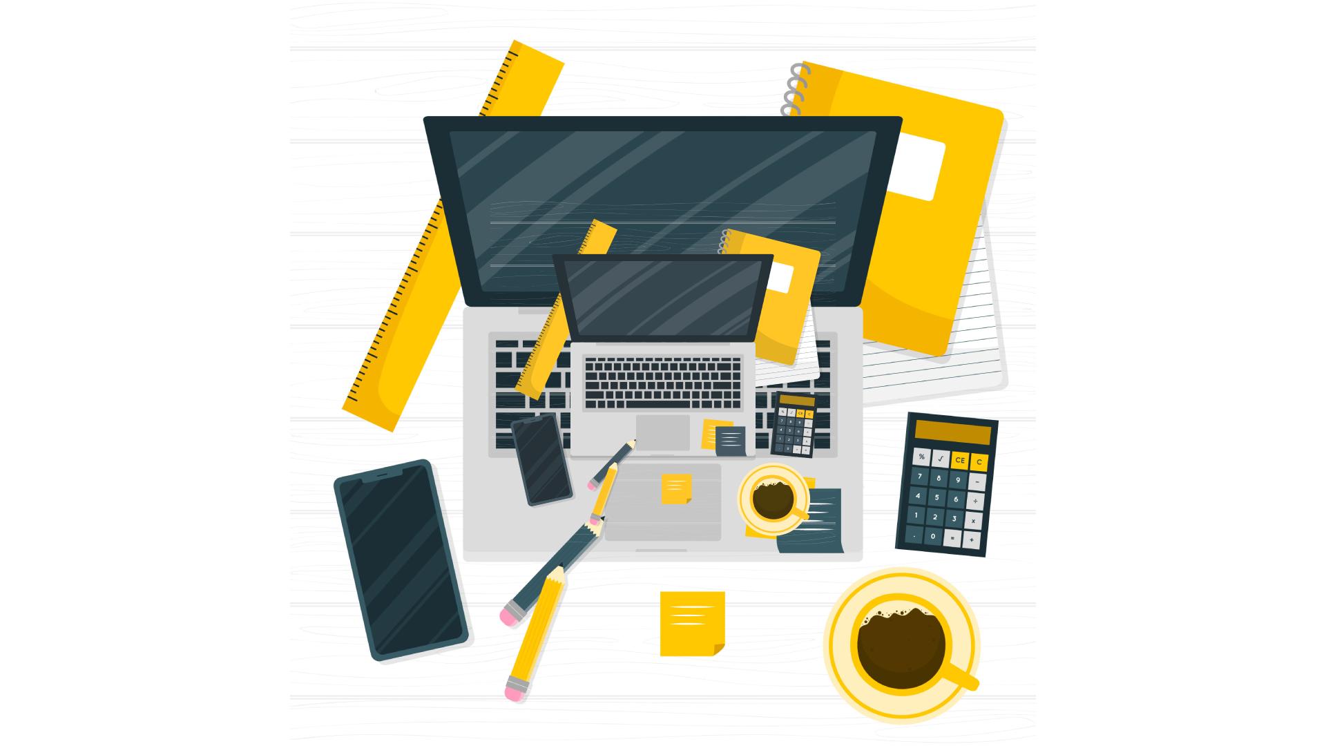 Ilustração de mesa de escritório com laptop e celular para alugar imóvel rápido