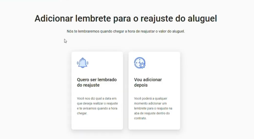 captura de tela do 9º passo para cadastrar uma locação na automação para imobilliárias da Alude. Adicionar data e indice escolhido para o lembrete de reajuste de aluguel