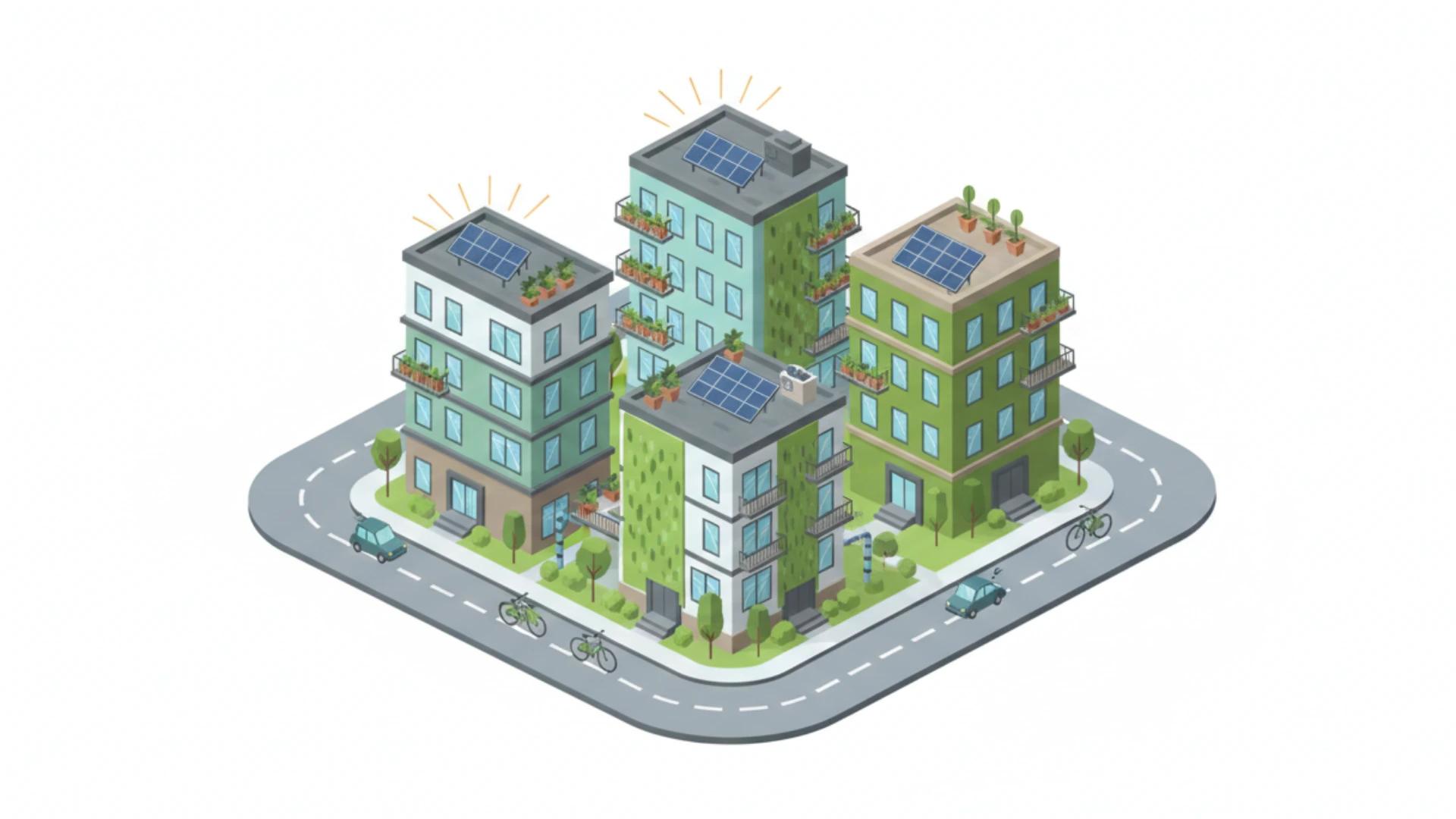 ilustração de uma das maiores tendênciass do mercado imobiliário Brasileiro em 2026. Imóveis sustentáveis com muito verde e painéis solares