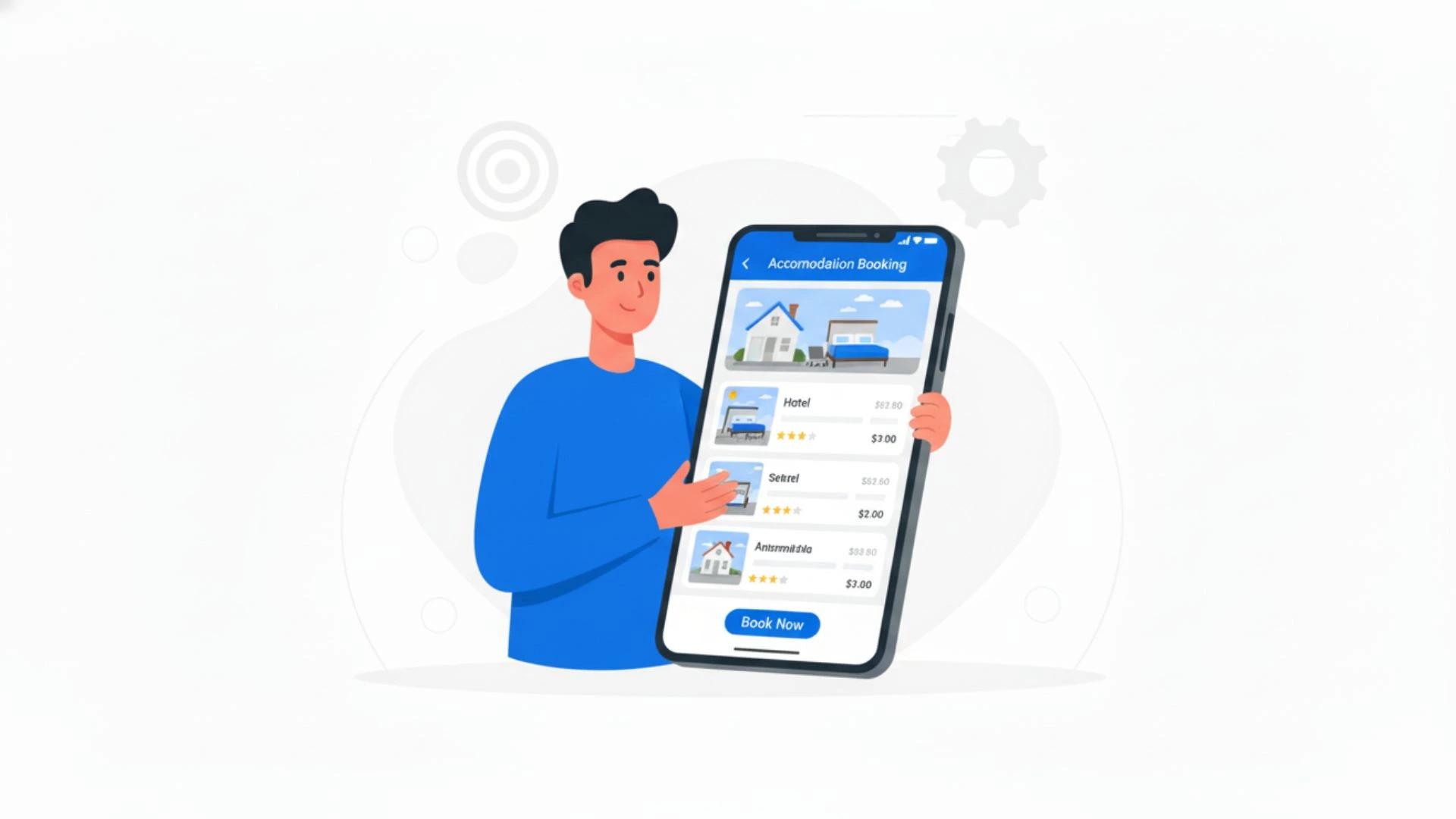 ilustração de personagem segurando celular procurando imóveis de temporada