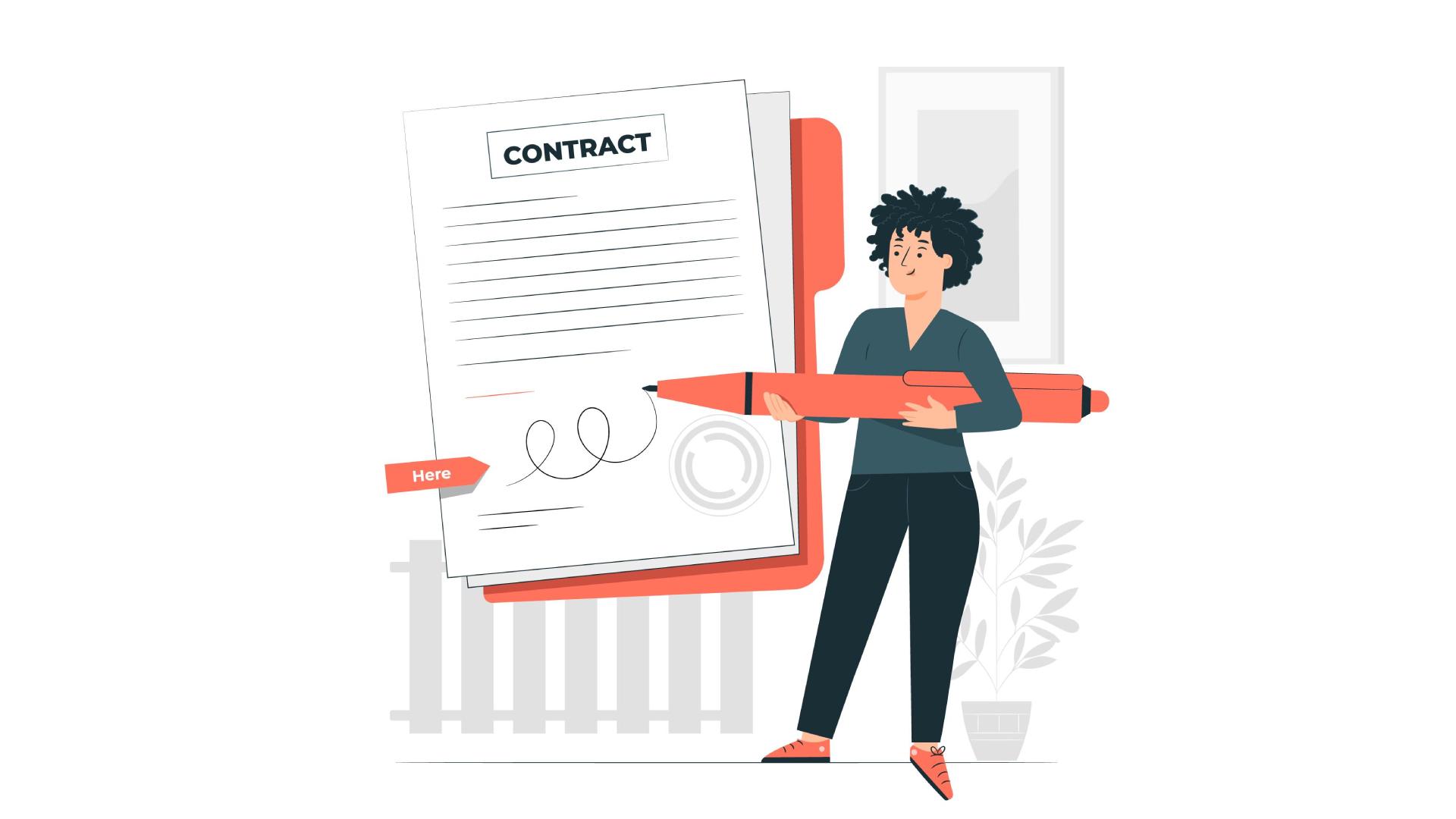 ilustração de personagem assinando um contrato de administração de imóveis gigante