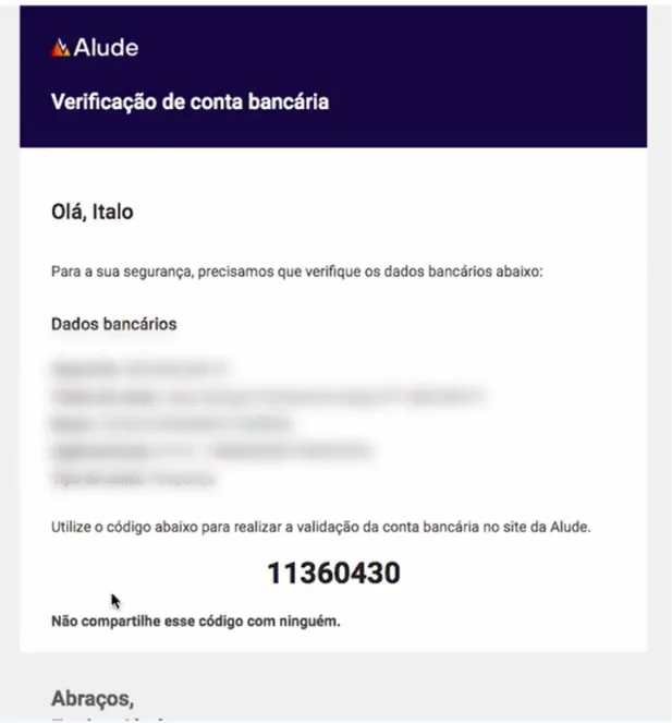 o 6º passo para cadastar proprietários na automação para imobiliárias da Alude é confirmar e parovar a conta bancária usando o código enviado por email