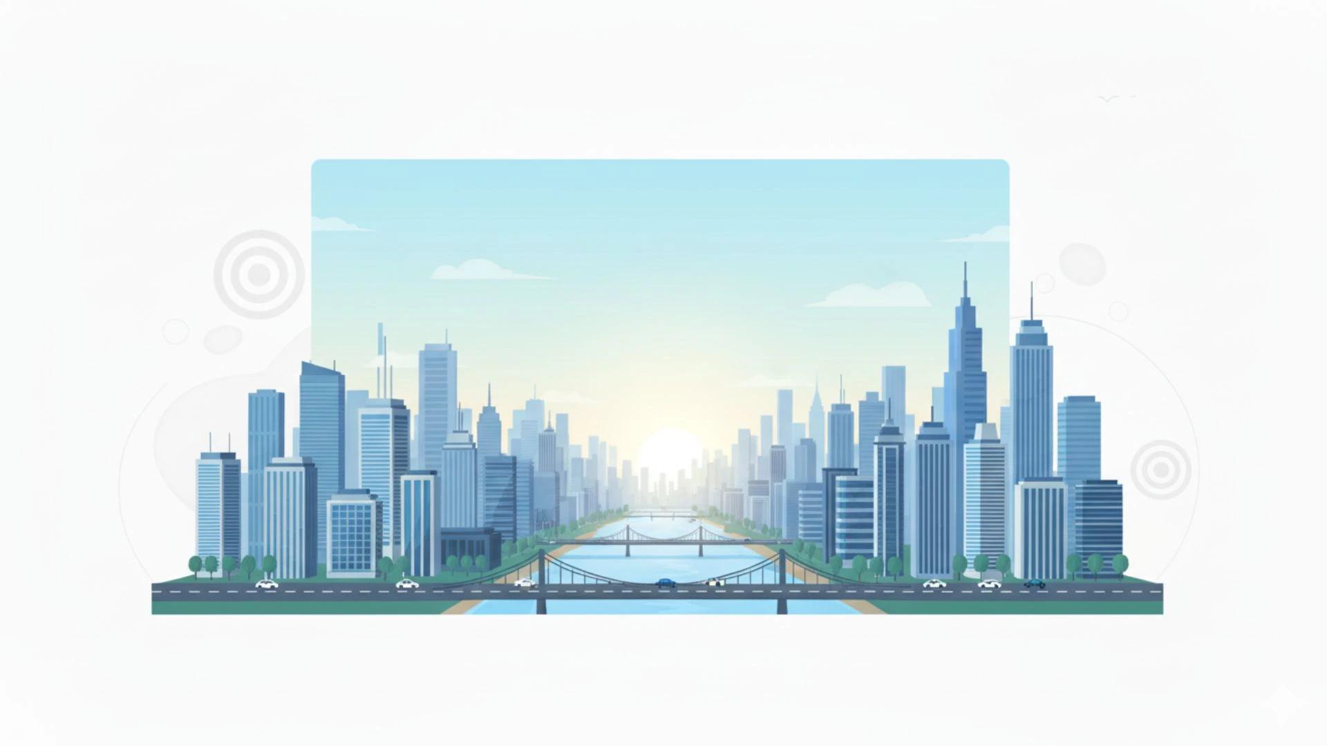 ilustração de uma paisagem de grande cidade com muitos prédios e uma ponte