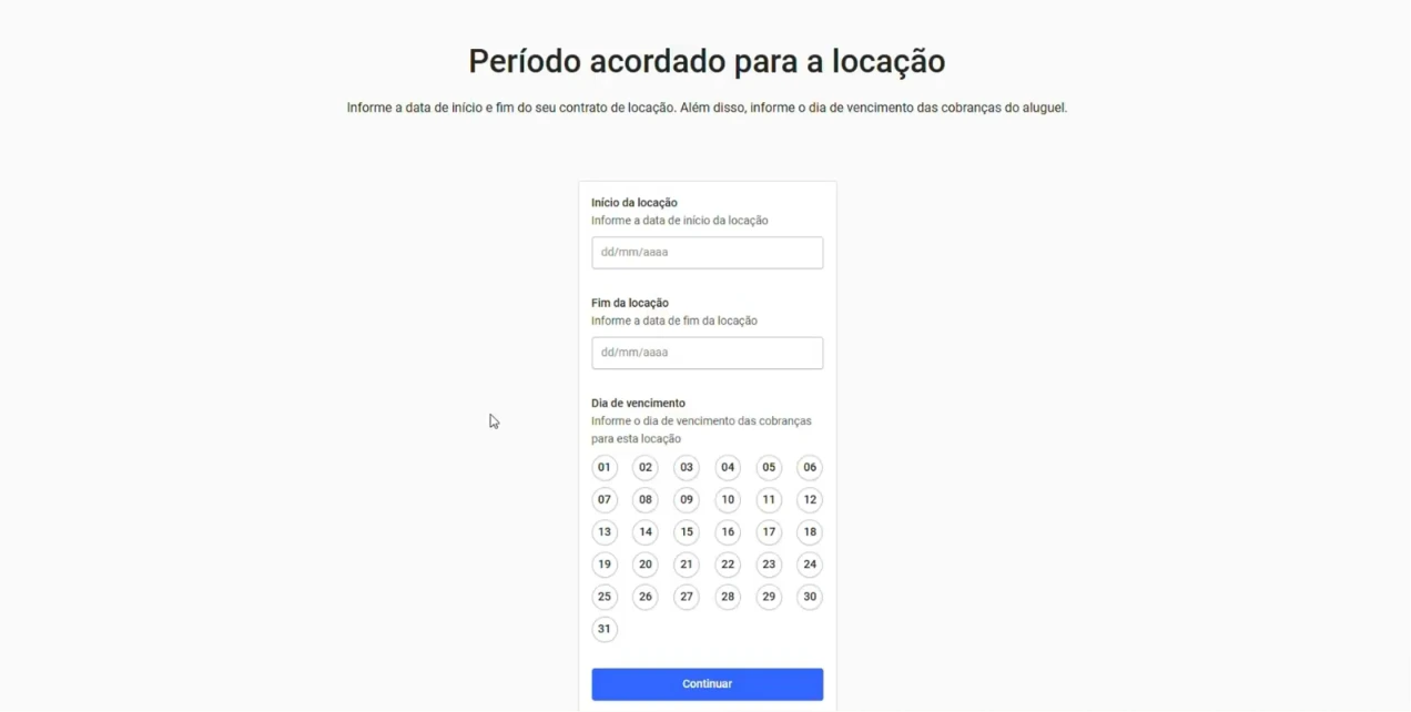 captura de tela do 6º passo para cadastrar uma locação na automação para imobiliárais da Alude. Adicionar as datas do período da locação e o vencimento do contrato de aluguel