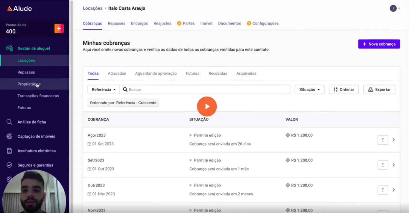 Para cadastrar proprietários na automação para imobiliárias da Alude. Clique no menu "proprietários" que fica na barra lateral na esquerda