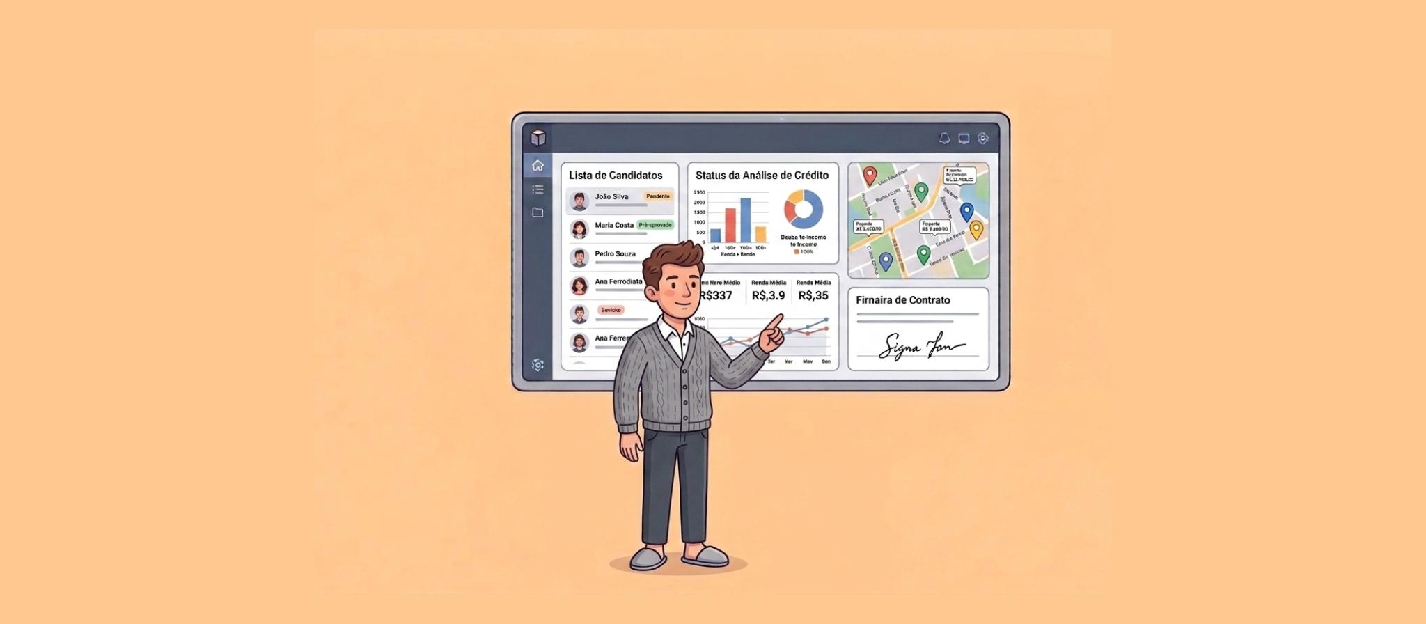 ilustração de corretor apontoando par aum sistema de automação para imobiliárias no centro da tela com fundo laranja ilustração de corretor apontoando par aum sistema de automação para imobiliárias no centro da tela com fundo laranja