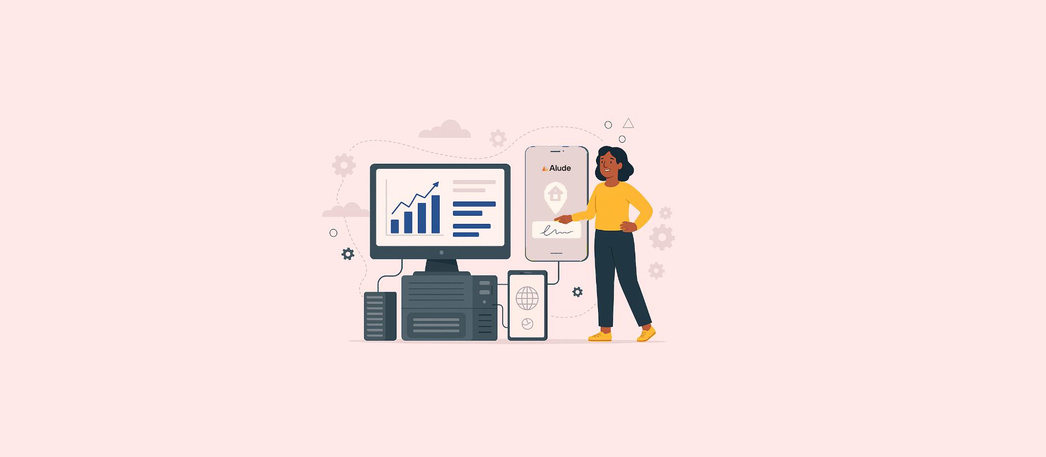 Ilustração de personagem usando recursos recnológicos para mostrar como administrar imóveis alugados com Alude