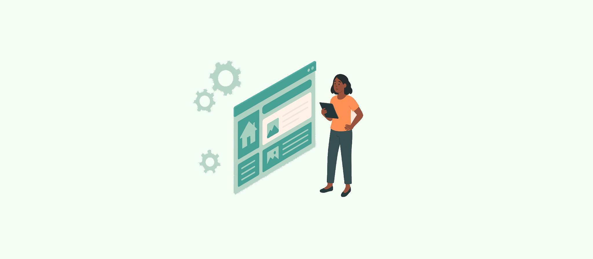 ilustração de personagem segurando um tablet ao lado de uma tela e engrenagens flutuantes fazendo a automação imobiliária