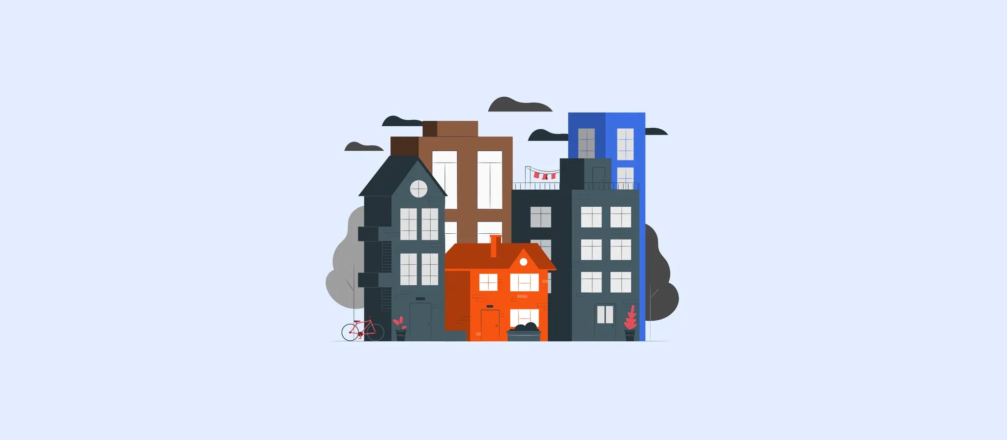 ilustração de uma cidade representando a dúvida alugo ou vendo no mercado imobiliário