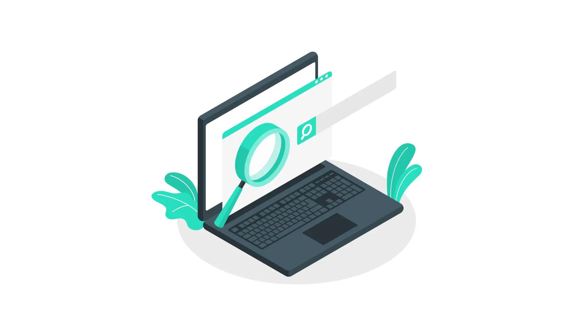 ilustração de ferramenta de captação de imóveis sendo representado por lupa em um laptop