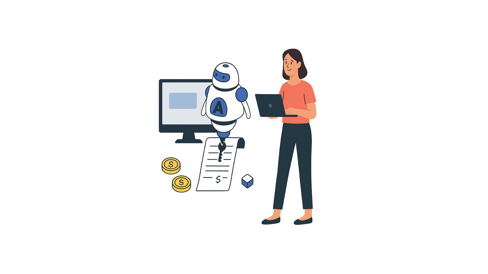 ilustração de um personage segurando um computador na mão enquanto uma inteligência artificial para corretor de imóveis carrega uma chave e um contrato ao seu lado