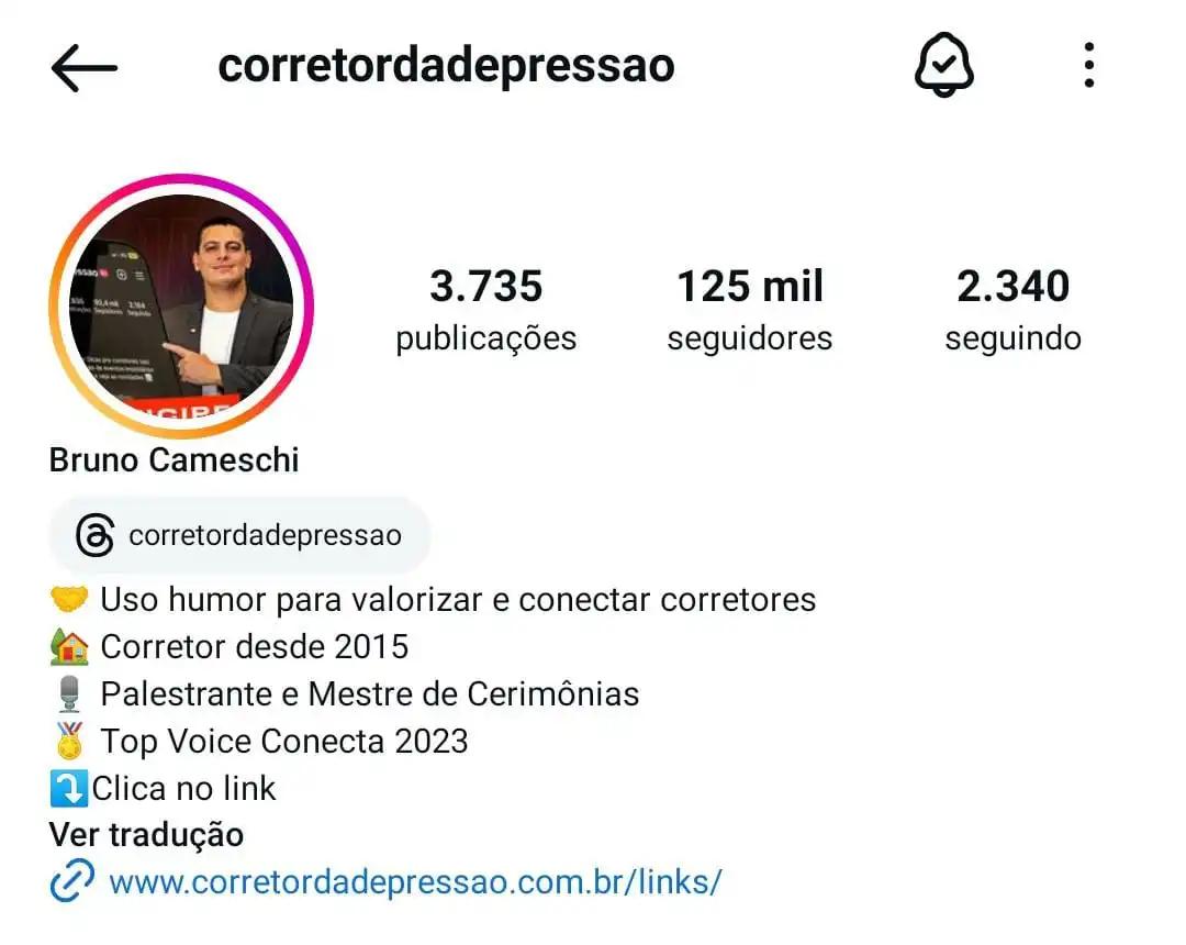 print do perfil do instagram do @corretordadepressao destacando a sua biografia para corretor de imóveis