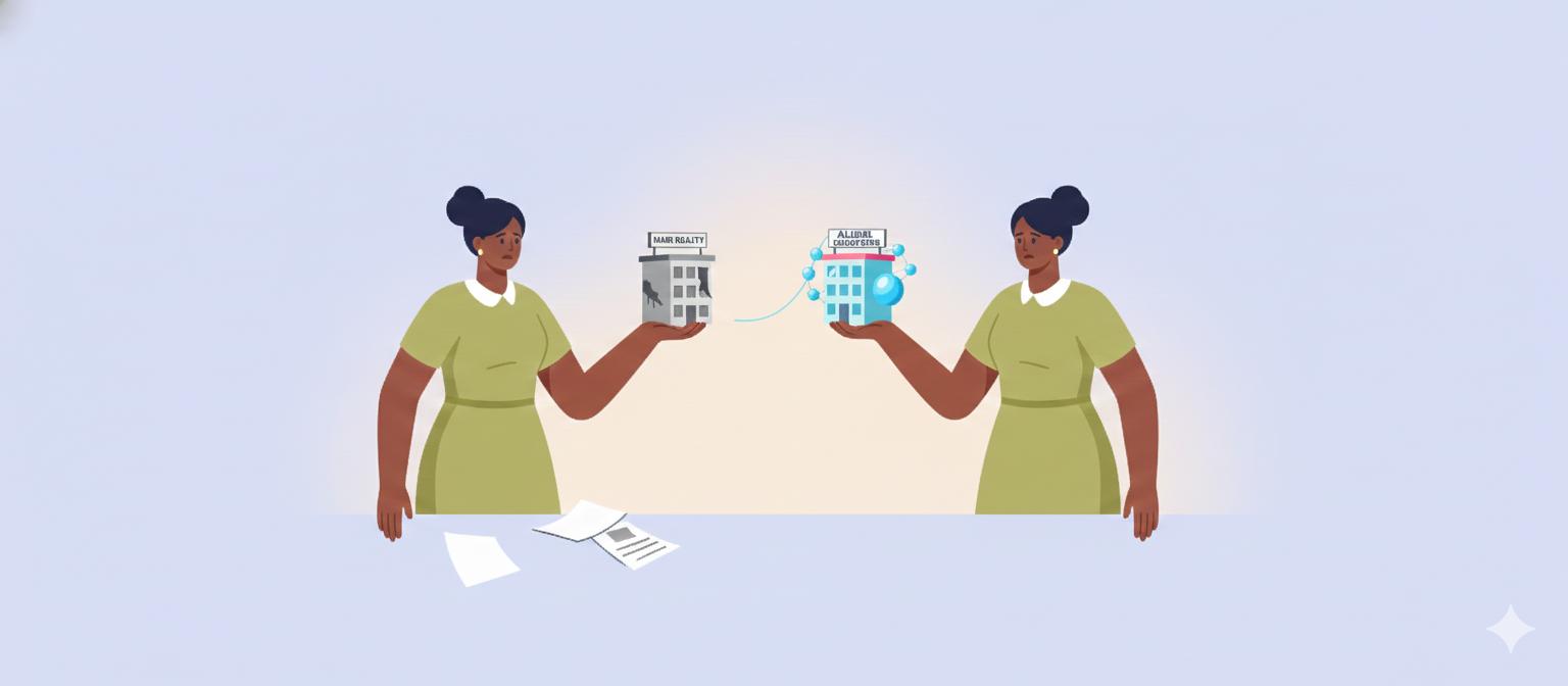 ilustração de personagem feminino encarando a si mesma enquanto segura a imobiliária nas mãos, de um lado quase quebrando e do outro lado brilhando por causa do sistema de gestão de aluguel da Alude