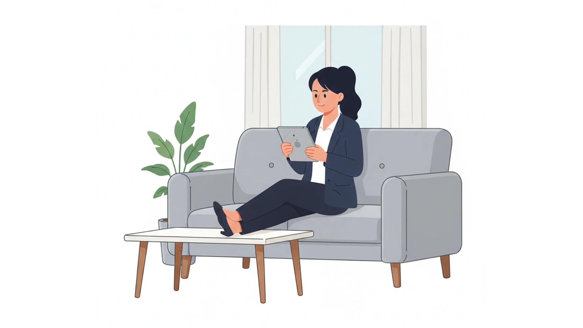 ilustração de personagem corretor de imóveis sentado no sofá com pernas sobre a mesaconsumindo notícias do mercado imobiliário na AludeNews pelo seu tablet